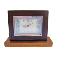 French Handstitched Brown Leather Desk Clock by Bayard, 1950´s