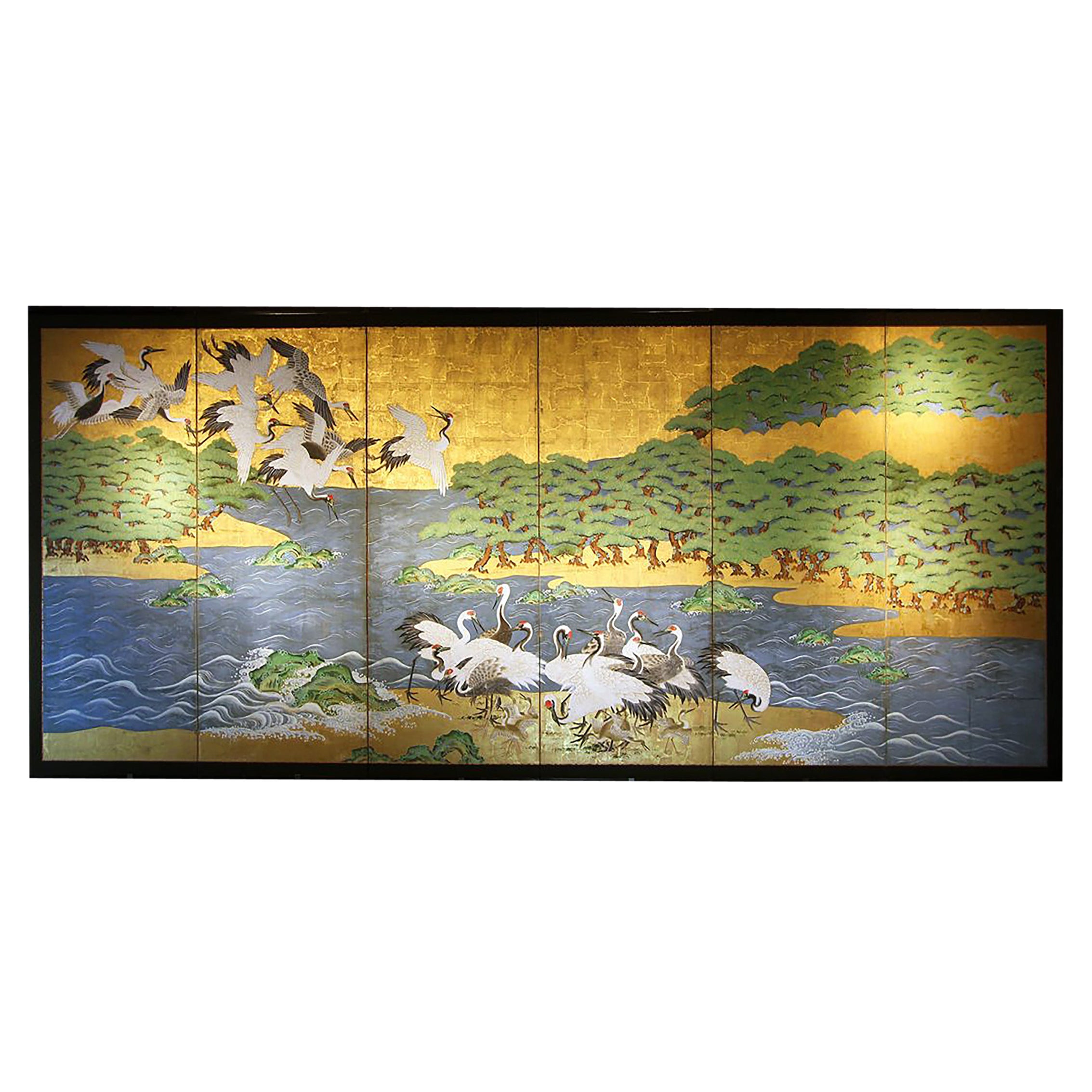 18th Century Mid-Edo Japanese Six Panels Folding Screen Gold Leaf