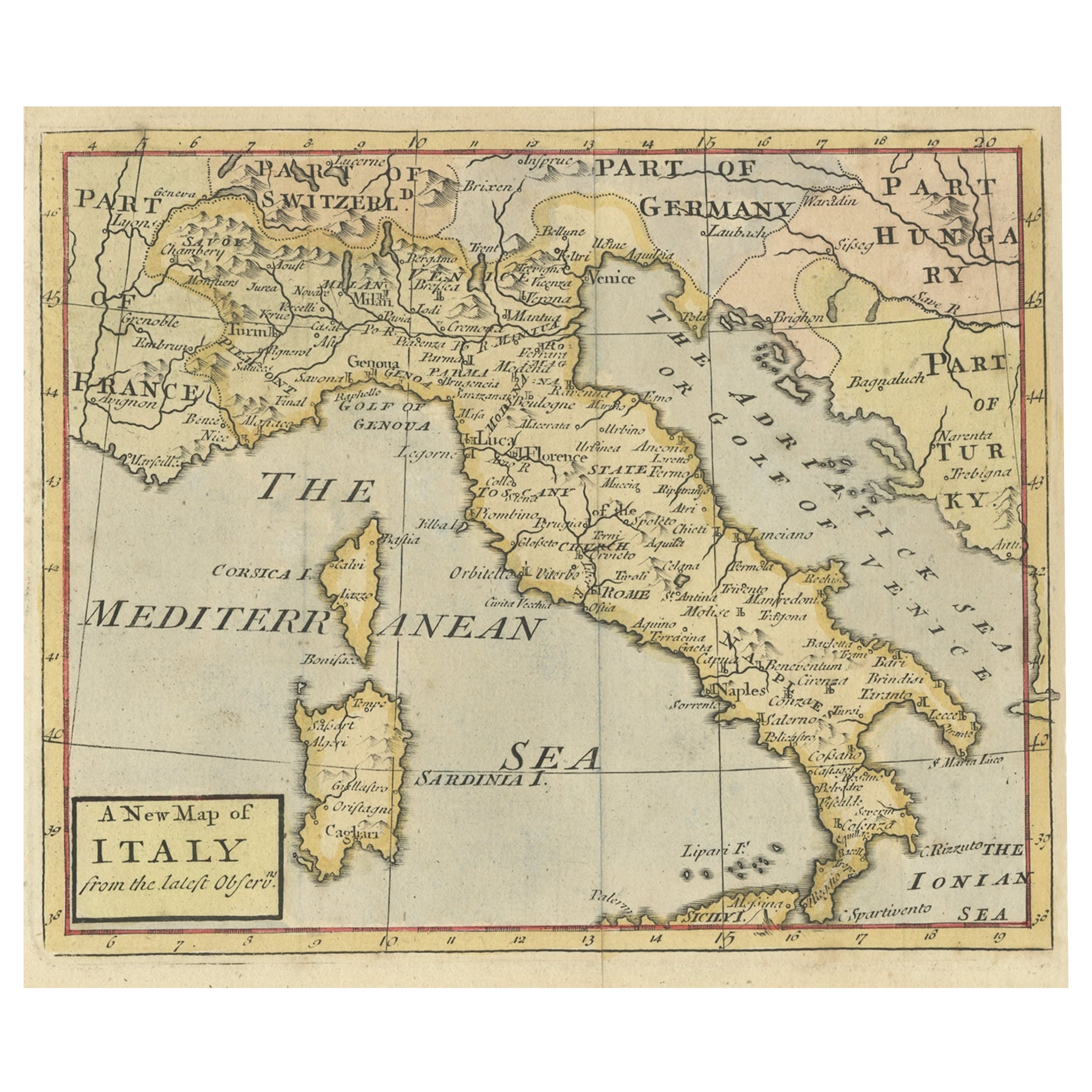 Schöne dekorative handkolorierte antike Karte von Italien, um 1745