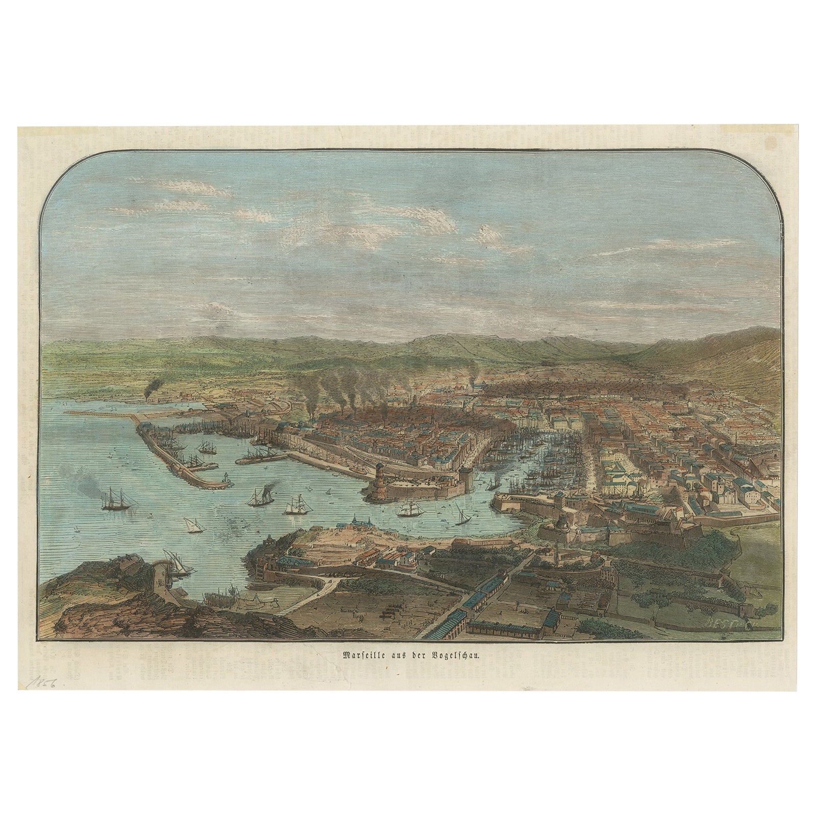 Grabado antiguo coloreado a mano con una vista de Marsella, Francia, ca.1885