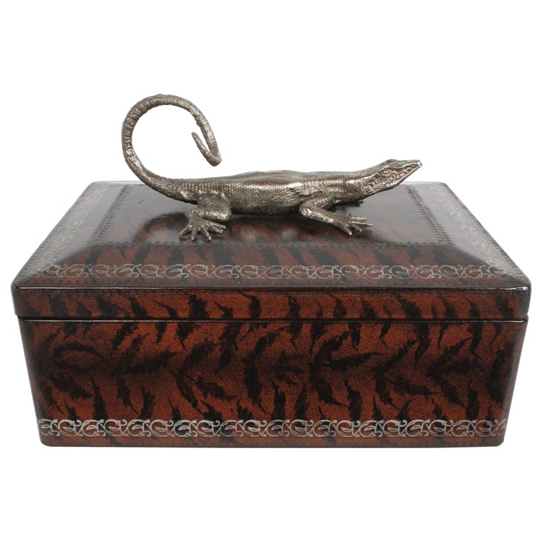 Maitland-Smith Faux Skin Leather Wrapped Box with Silver Tone Metal Lizard For Sale