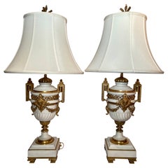Pair Antique French Louis XVI White Marble and Ormolu Urn Lamps, Circa 1840-1860