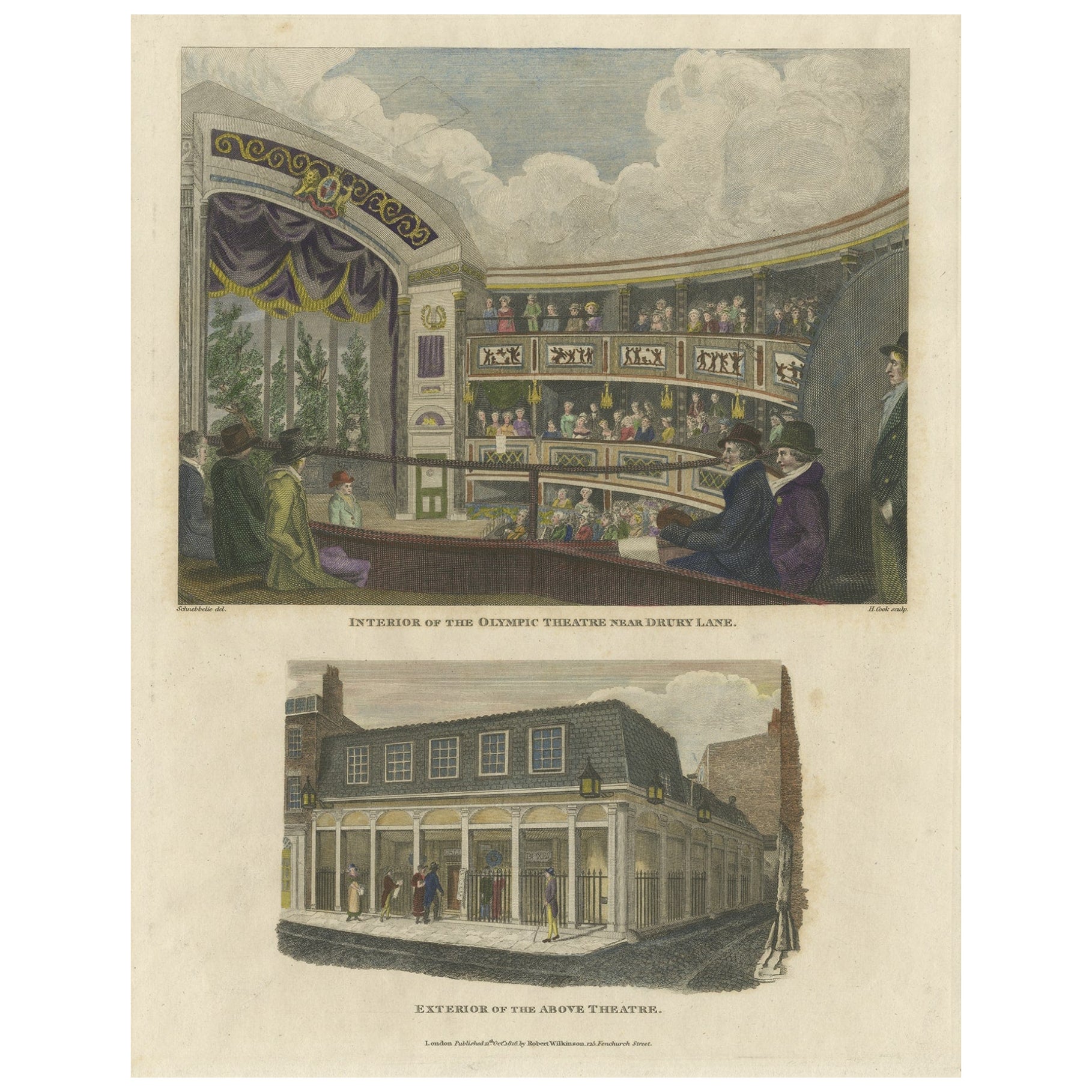 Old Print der Arena und der Fassade des Olympischen Theaters „heute Aldwych“, London, 1816