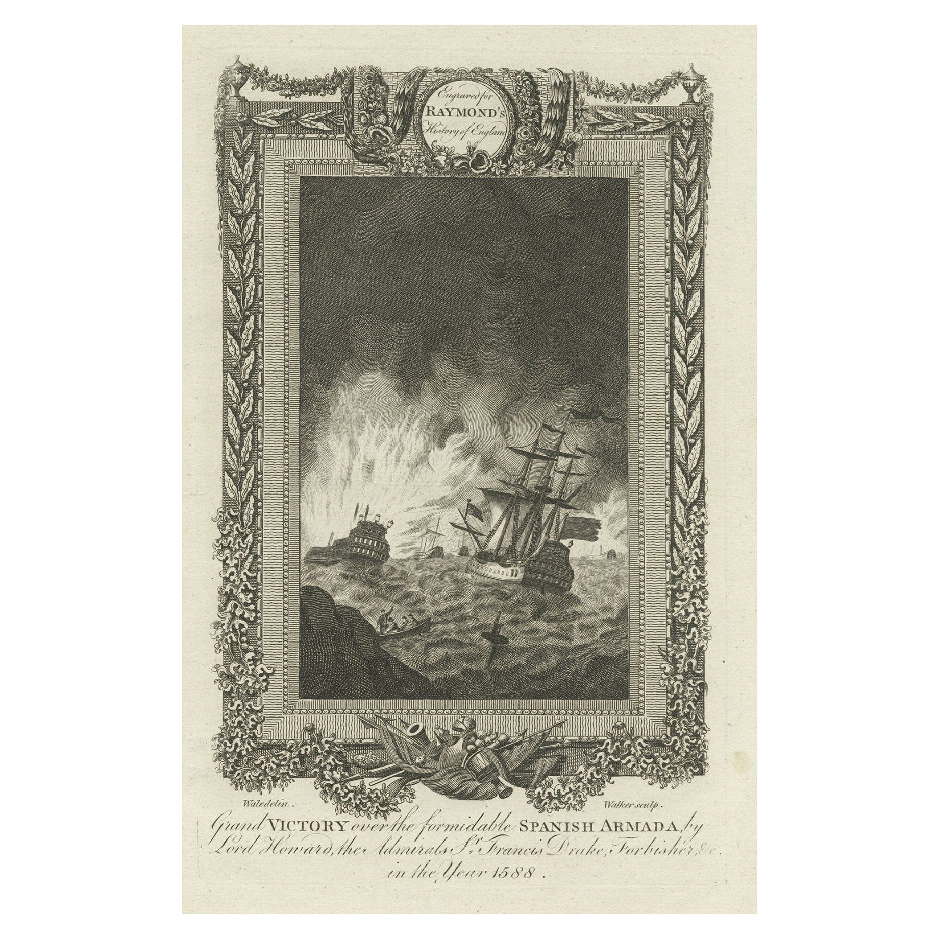 Engraving of the British Victory over the Spanish Armada in 1588, Published 1787 For Sale