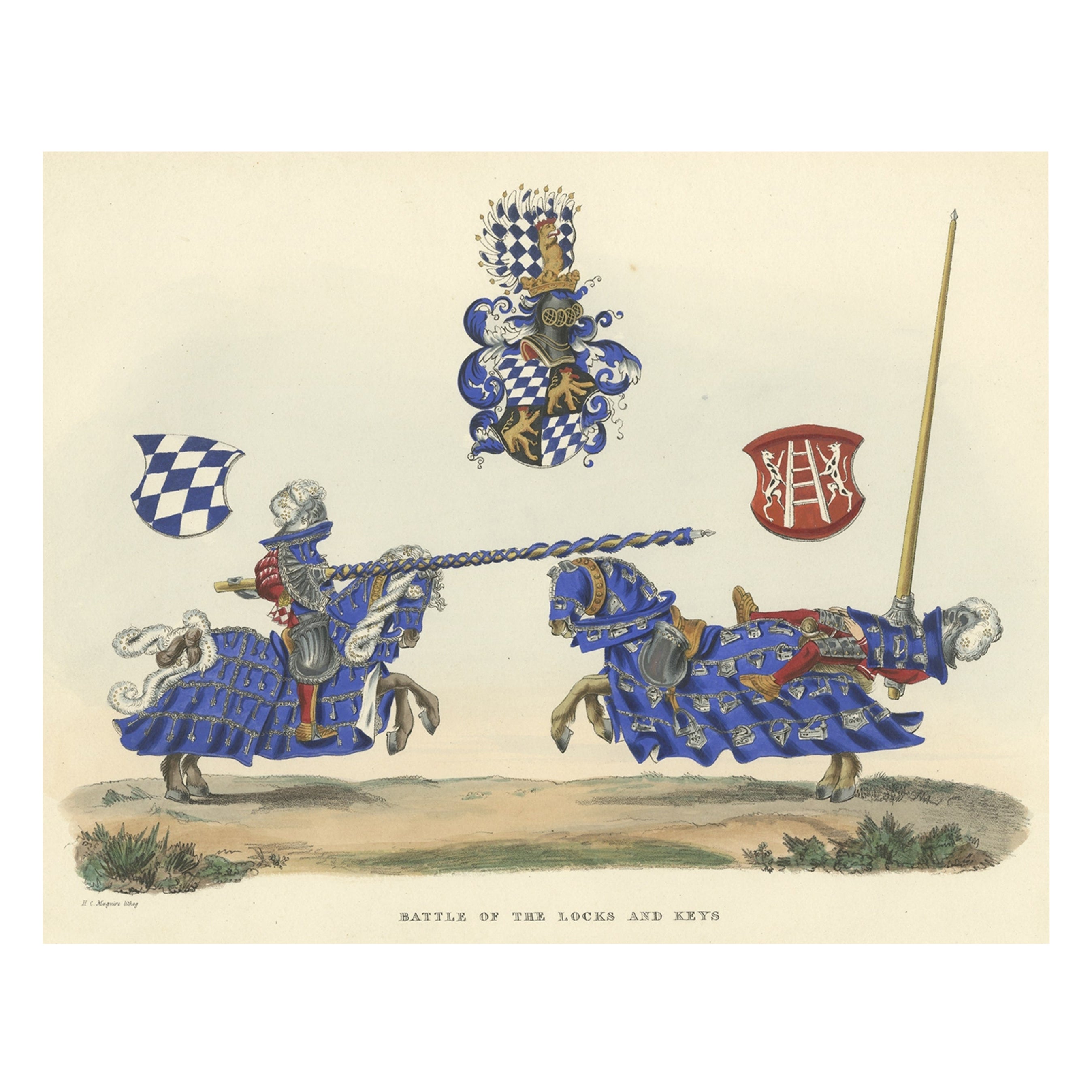 Old Original Print of a Medieval Battle Scene of Knights on Horses, 1842