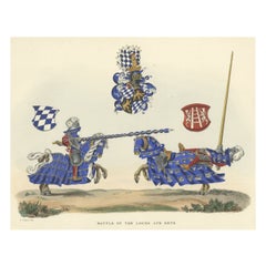 Old Original Print of a Medieval Battle Scene, 1842