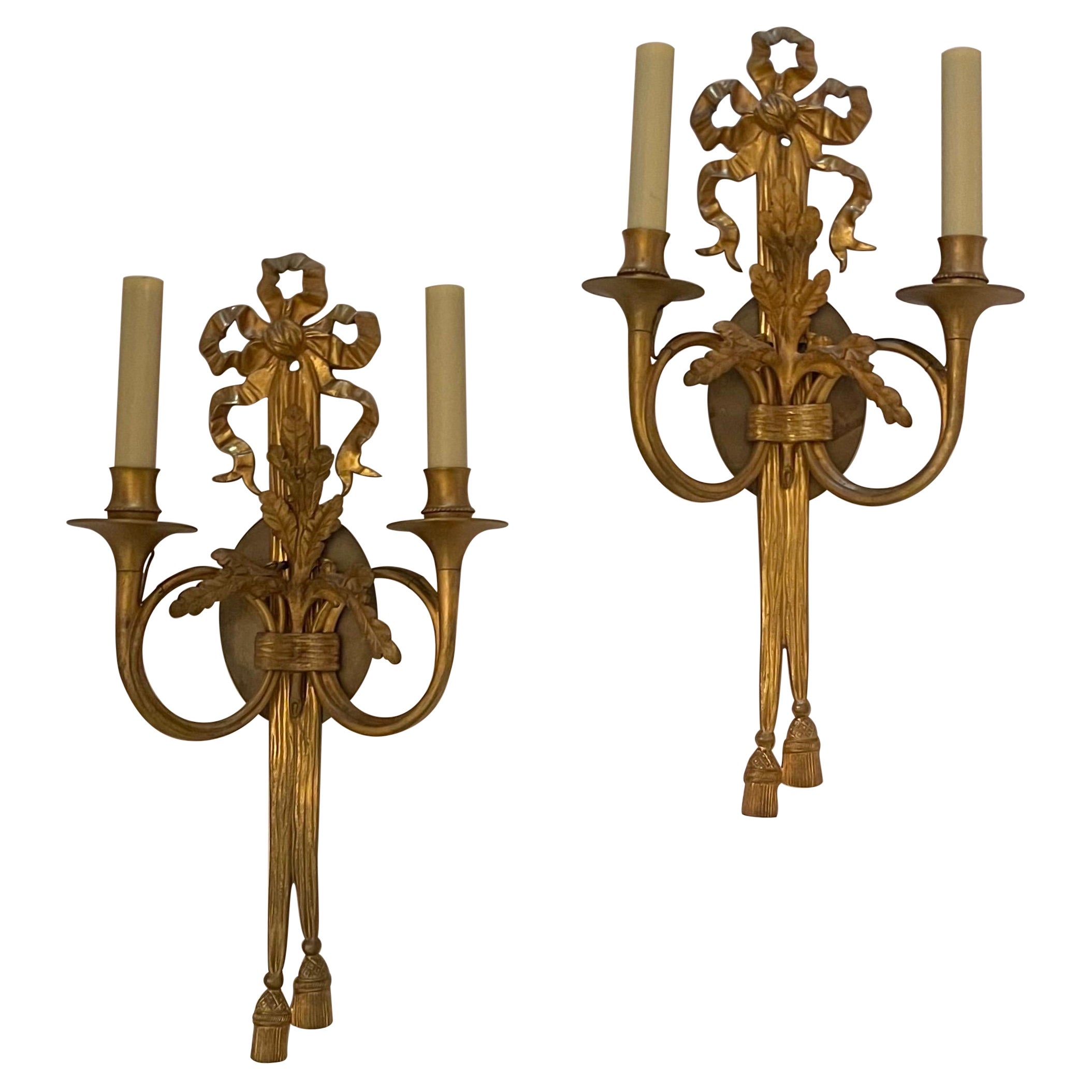 Wonderful Pair Dore Bronze French Horn Flute Bow Top Tassel Caldwell Sconces For Sale