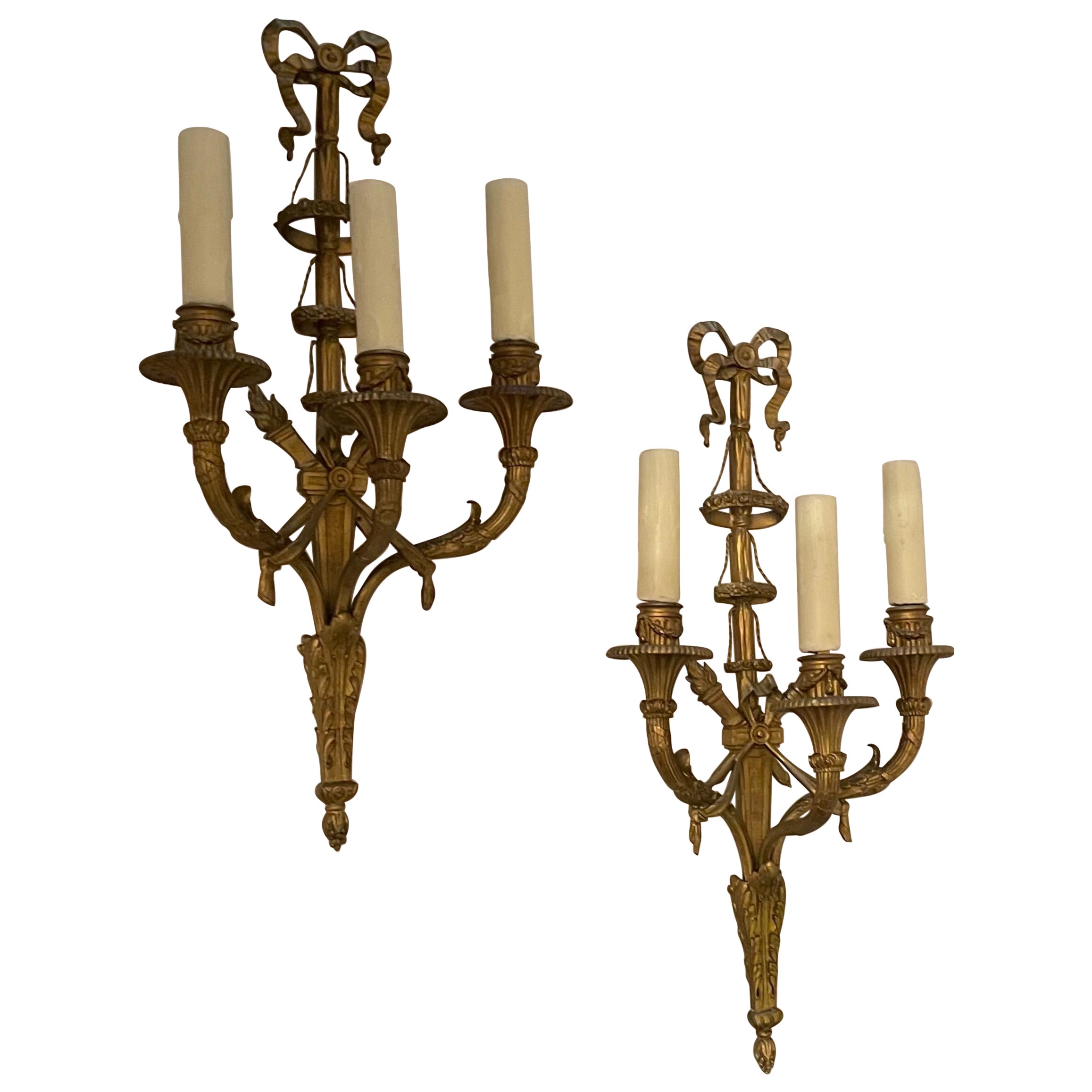 Wonderful Pair French Gilt Doré Bronze Bow Cross Torchiere Swag Caldwell Sconces For Sale