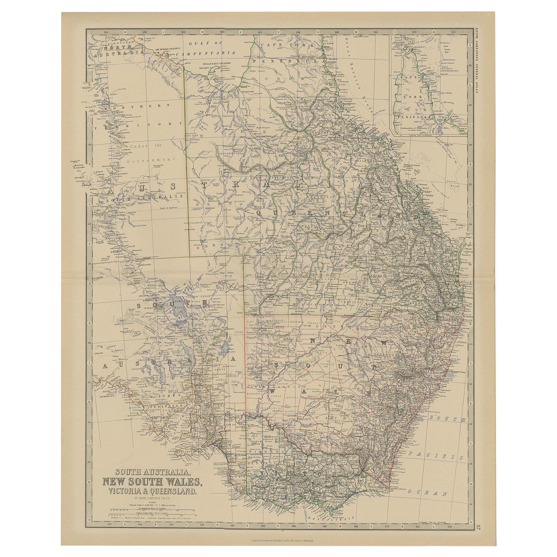 Ancienne carte de l'Australie du Sud, avec une carte insérée de la péninsule du Cap à York, 1882