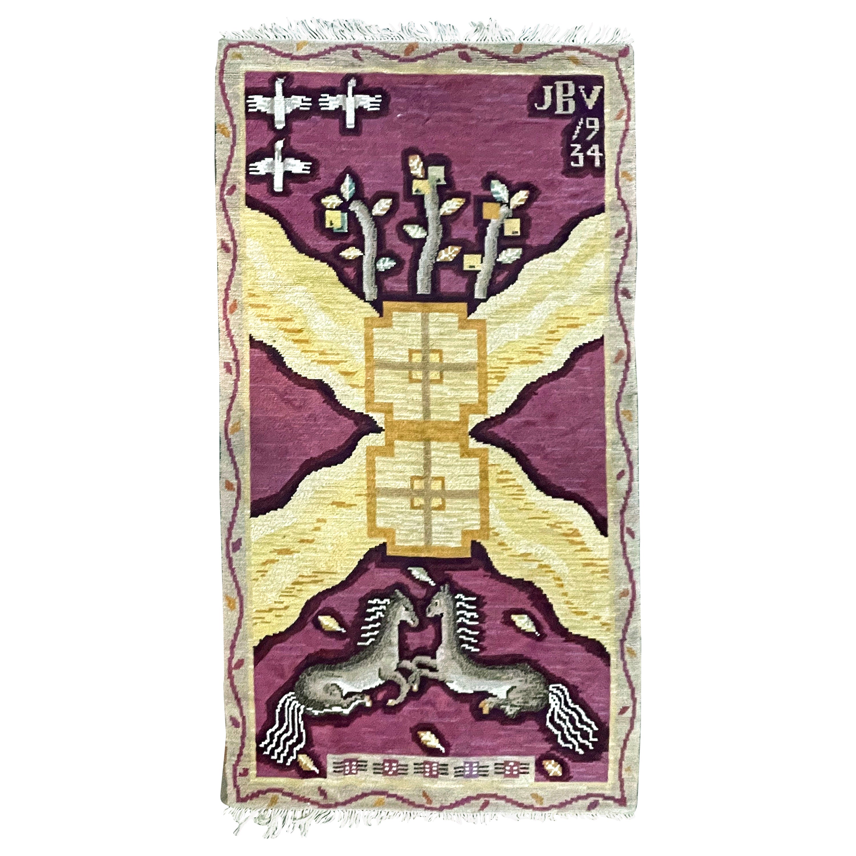 "Horses and Flying Birds, " Exceptional Art Deco Rug in Plum and Honey, Sweden For Sale