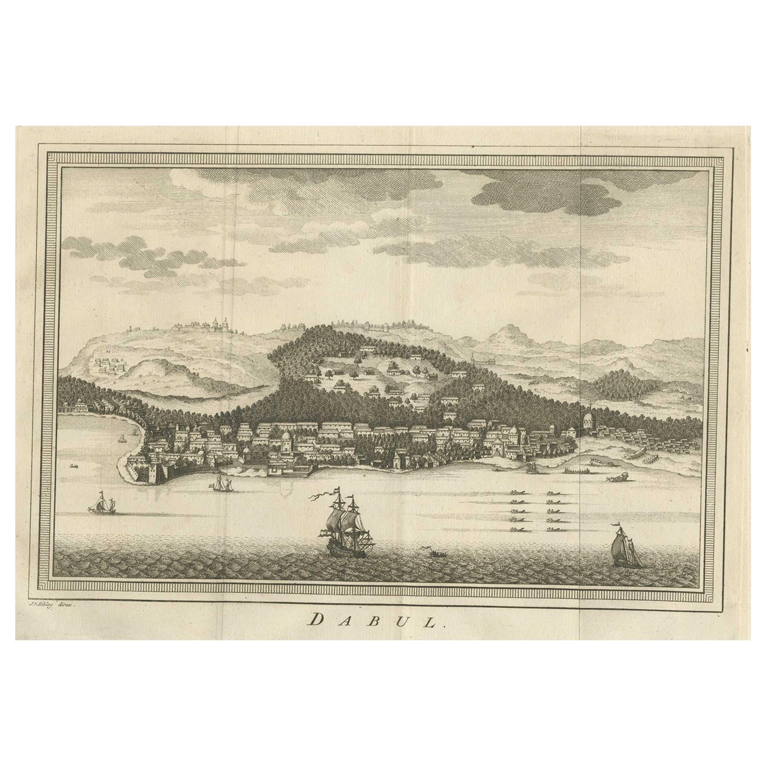 Antiguo grabado en cobre de la ciudad portuaria de Dabhol en la India, 1757