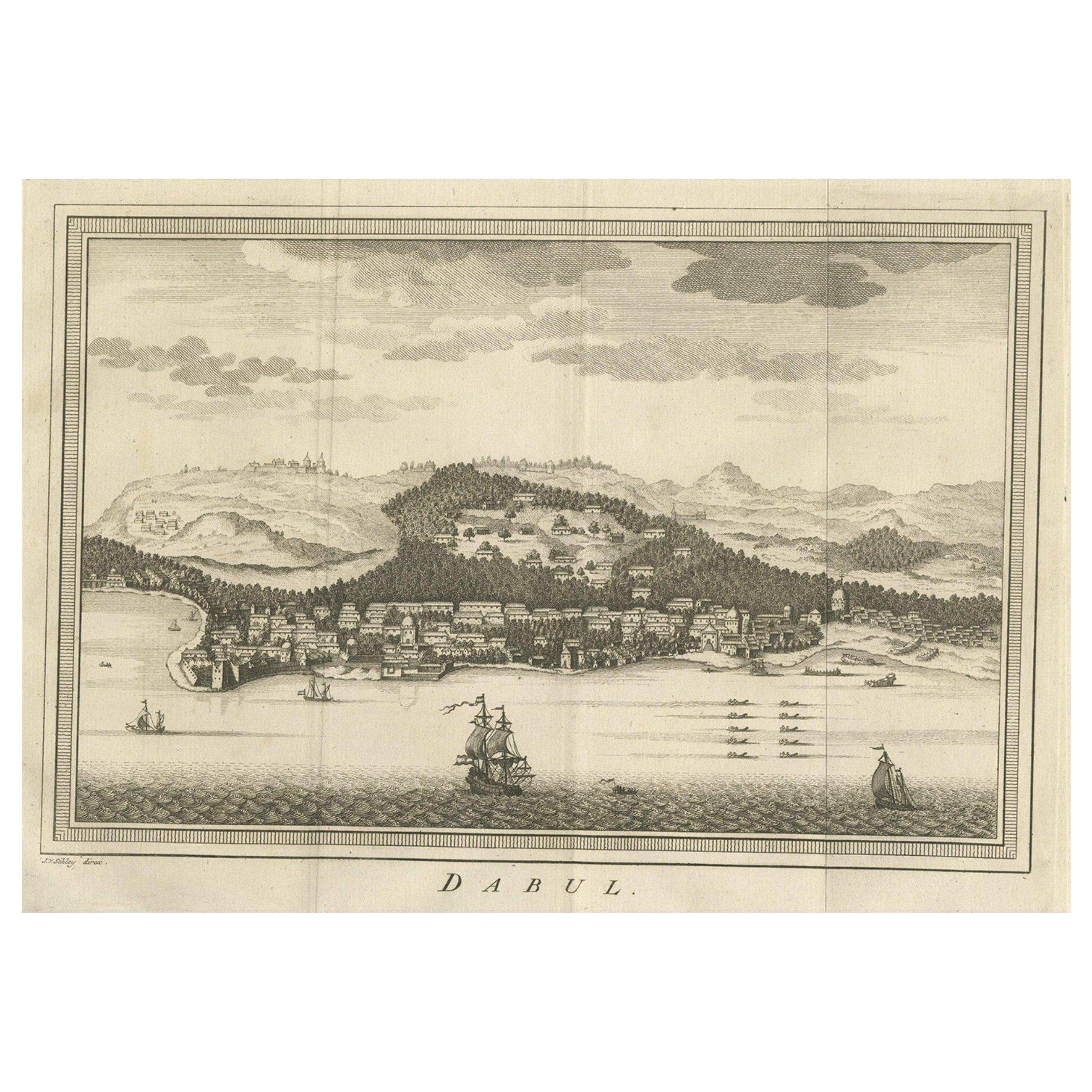 Old Copper Engraving of the Port City Dabhol in India, 1757 For Sale