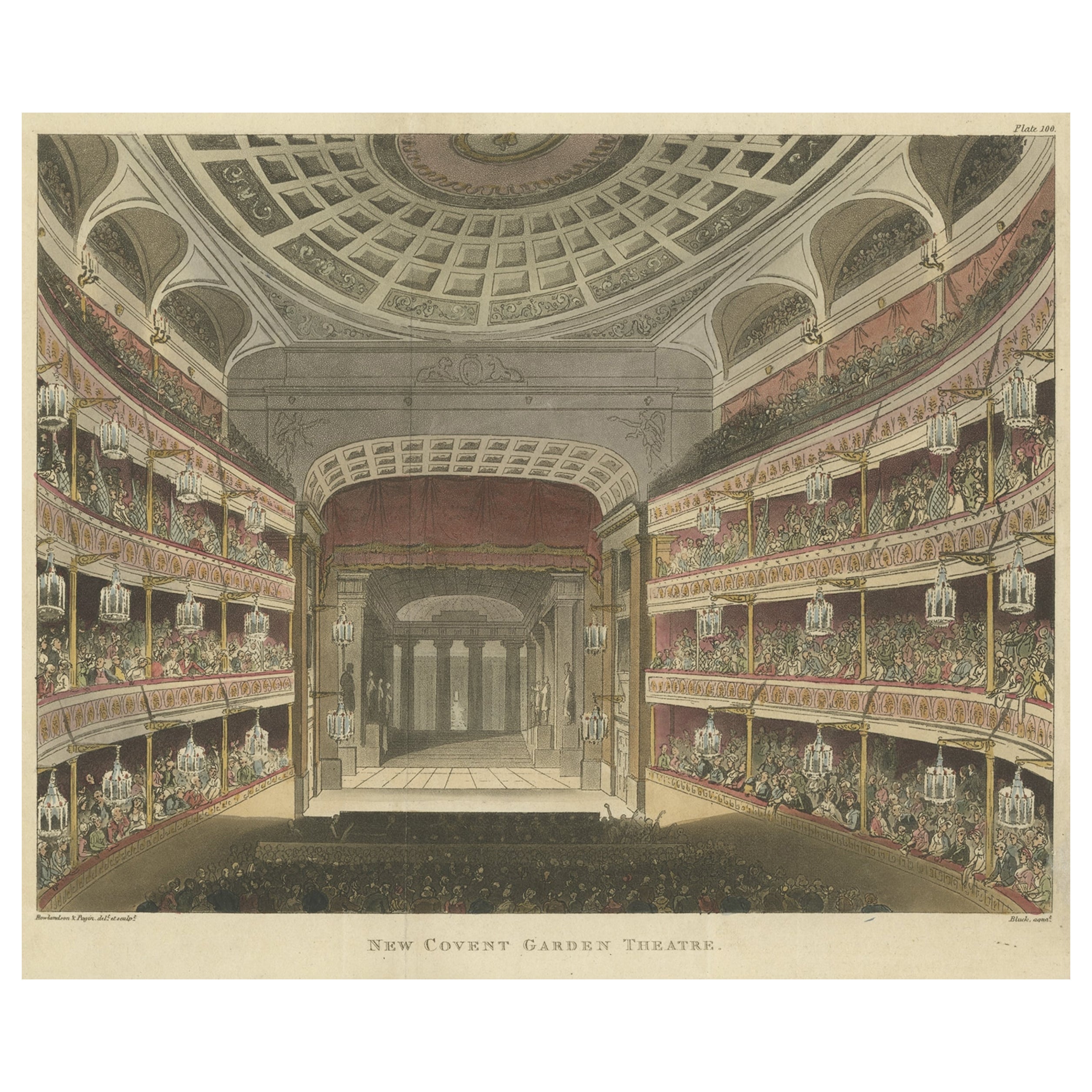 Old Print mit der Darstellung des Royal Opera House, Covent Garden, London, 1810