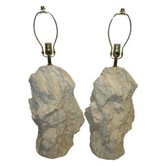 Pair White Plaster Table Lamps, Modern Quarry-Rock Design, Attributed to Sirmos