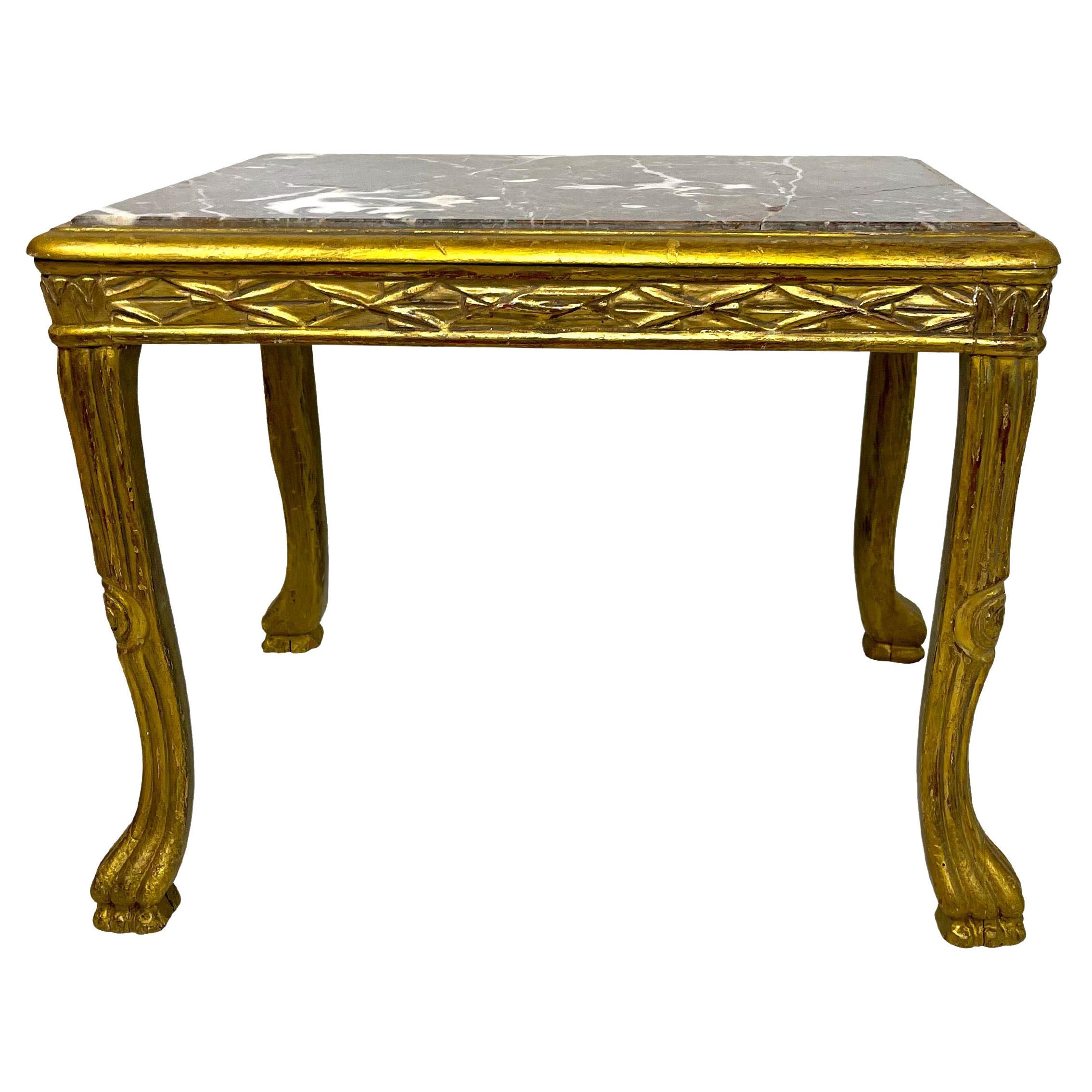 Louis XV Style French Gilded End Table with Grey Marble Top and Paw Feet