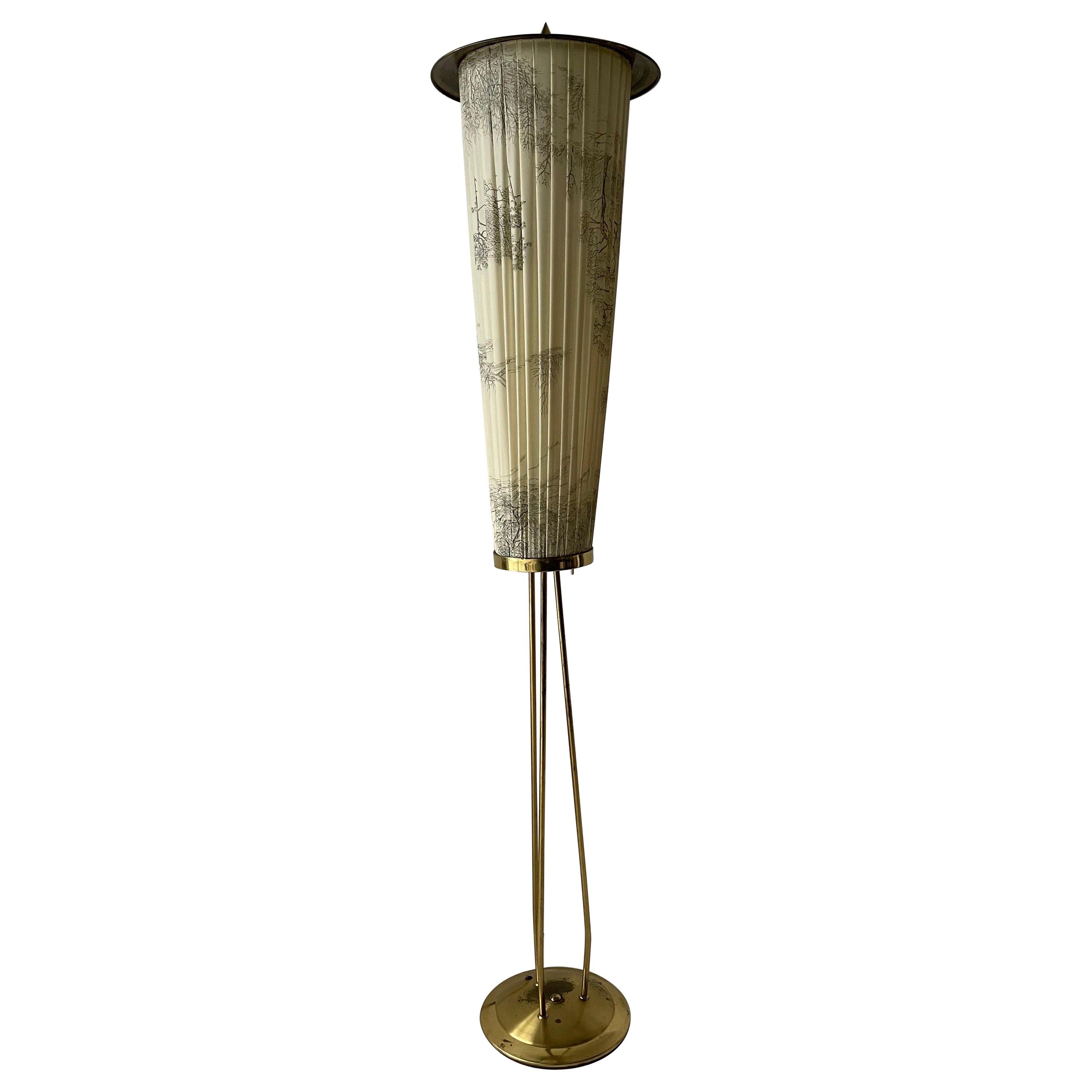 Mid-Century Modern Brass and Illustrated Fabric Floor Lamp, 1950s, Germany For Sale