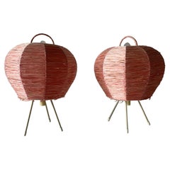 Mid-Century Modern Pink Raffia Tripod Pair of Bedside Lamps, 1950s, Germany