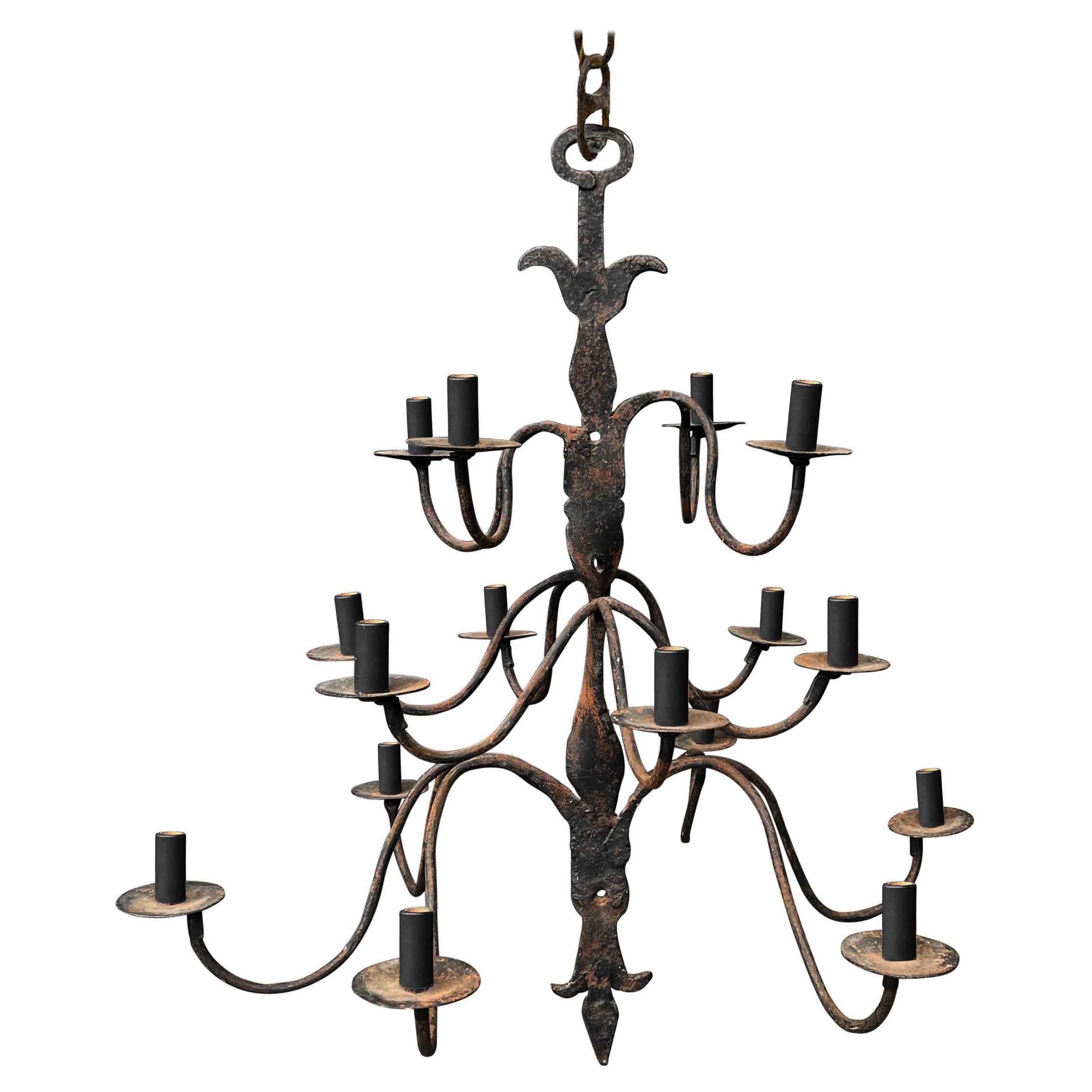 18th Century Quebecois Wrought-Iron Sixteen-Arm Chandelier