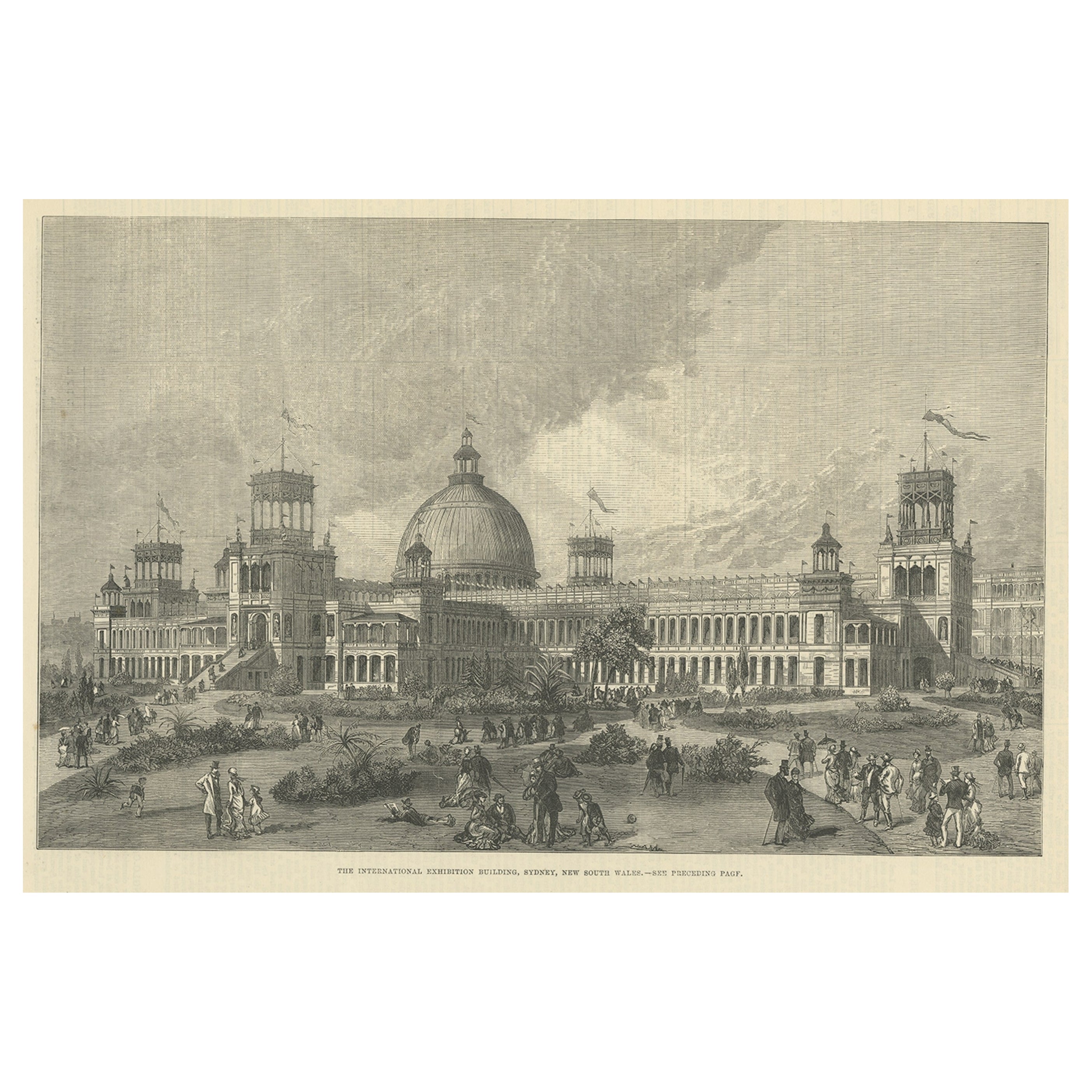 Old Print of the International Exhibition Building in Sydney, Australia, 1879 For Sale