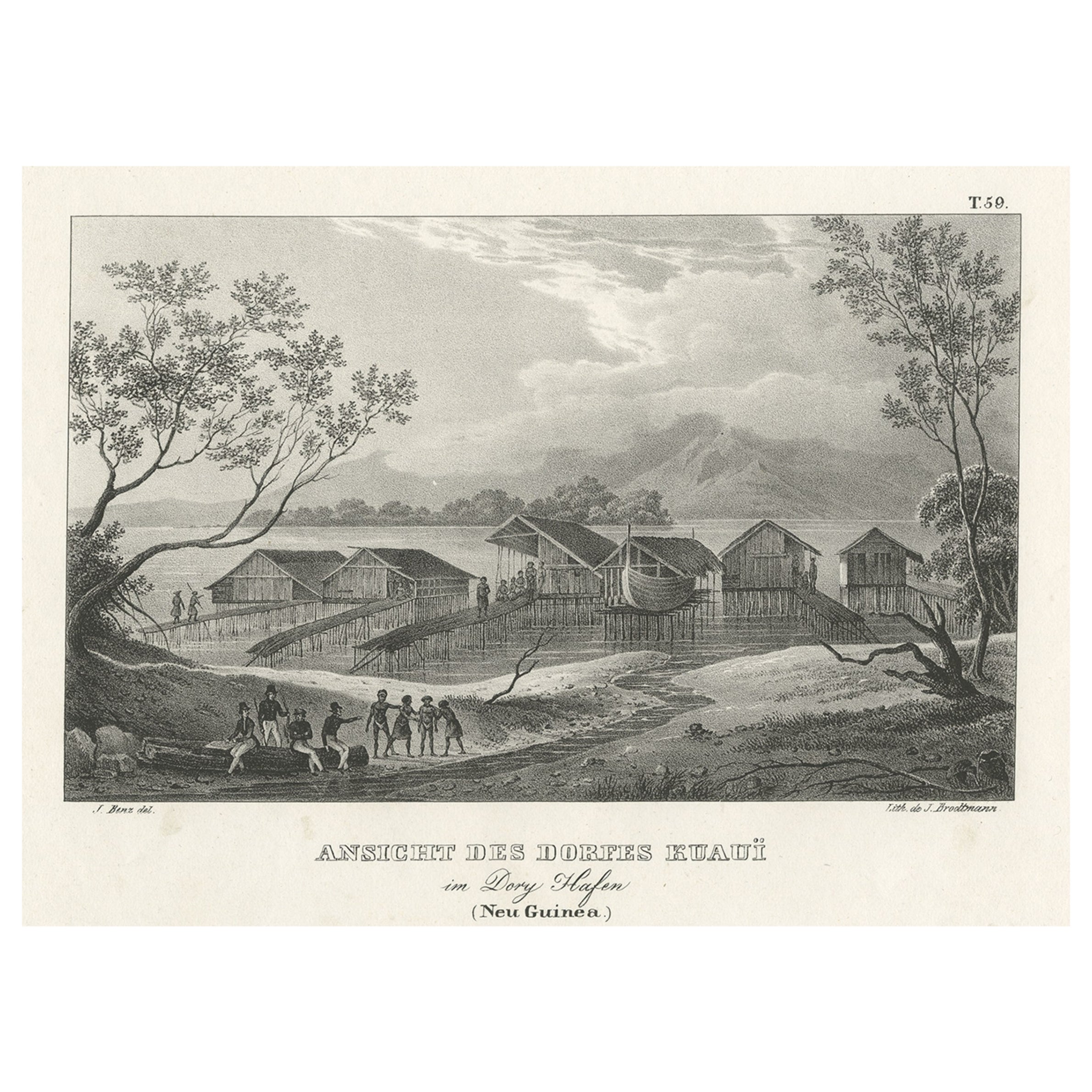 Original Lithograph with a Scene of a Village and Harbour in New Guinea, c.1836 For Sale