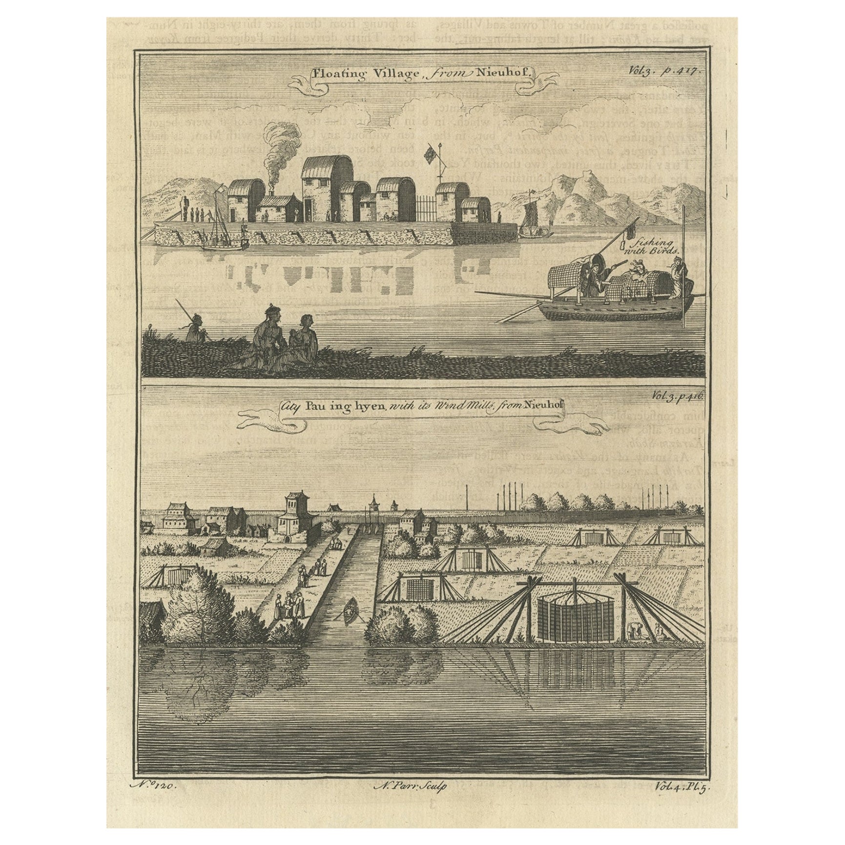 Grabado original de Aldea flotante china y la ciudad de Baoying, China, 1747
