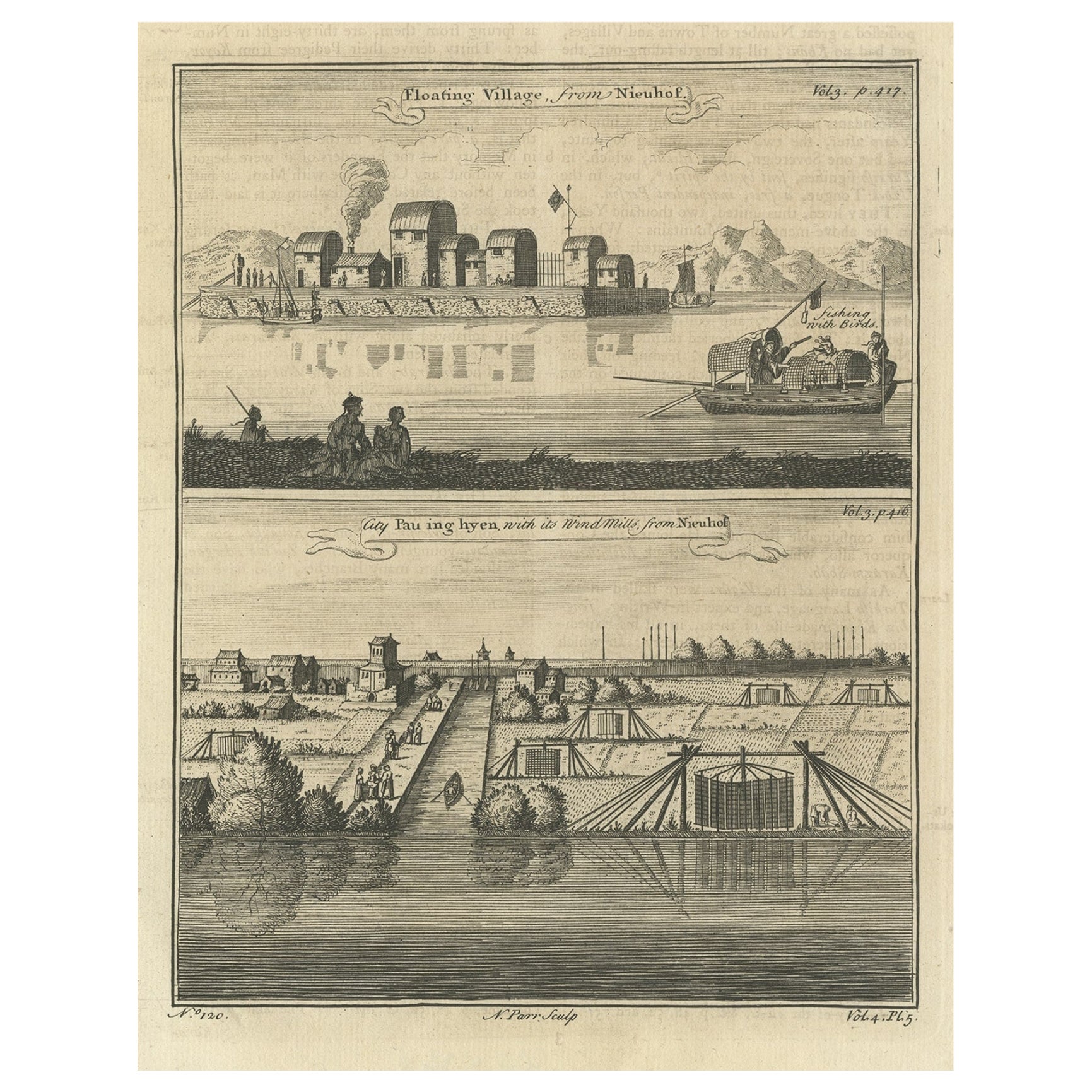 Original Print of Chinese Floating Village and the City of Baoying, China, 1747 For Sale