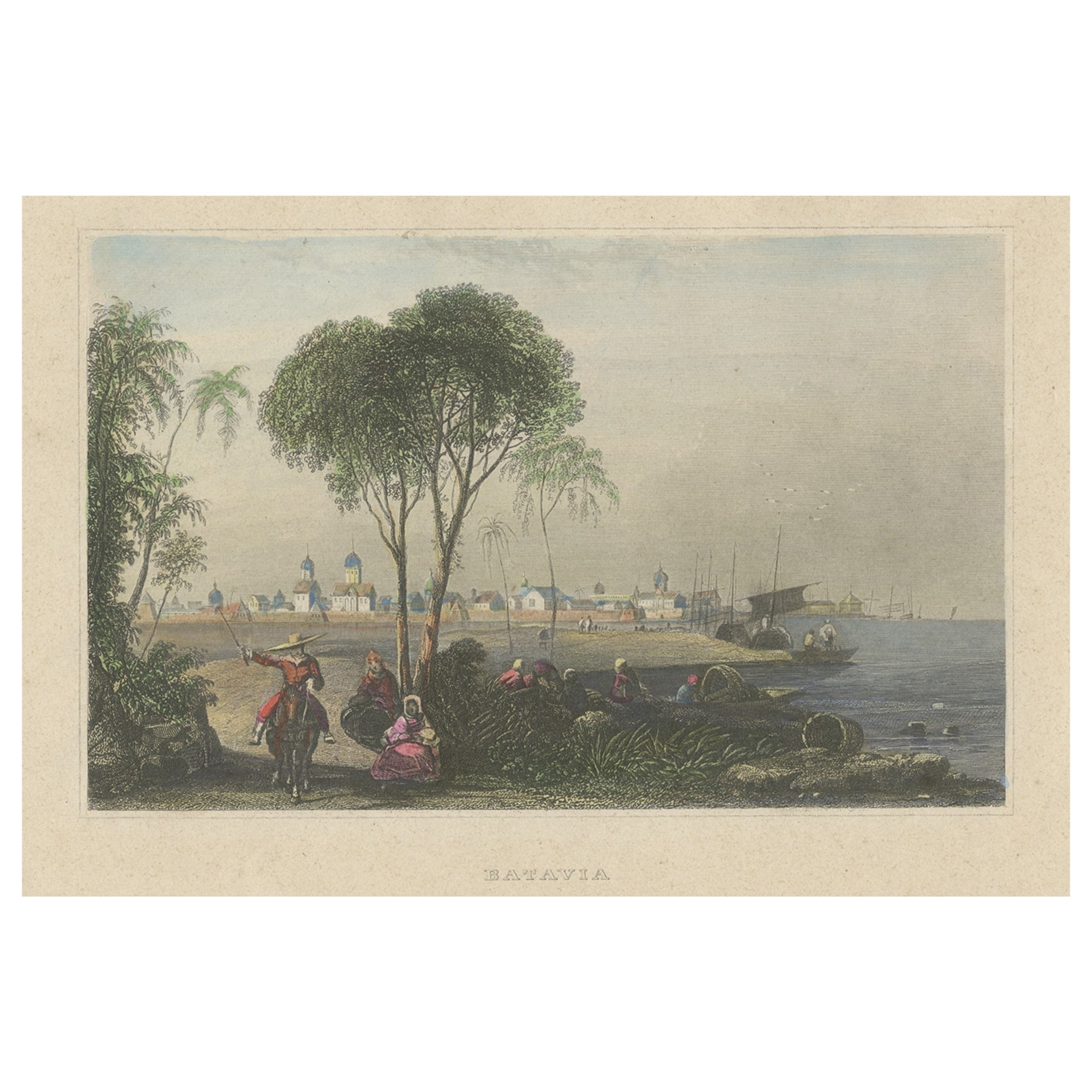 Hand-Colored Steel Engraving of Batavia 'Jakarta', Indonesia, Ca.1840 For Sale