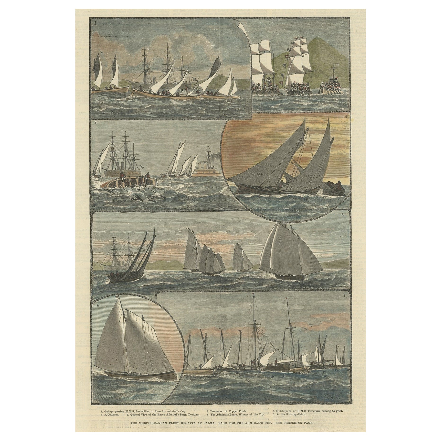 Grabado antiguo de La regata por la Copa del Almirante en Palma, 1881