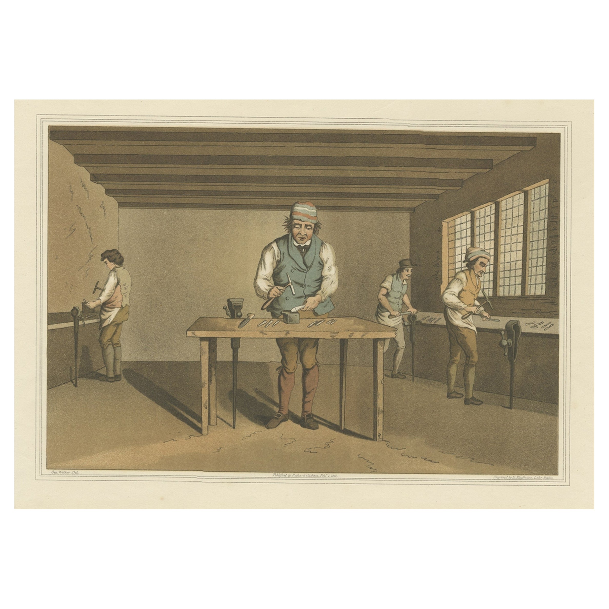 Aquatint of a Cutler at Work Making a Knife in Sheffield, Yorkshire, UK, 1885 For Sale
