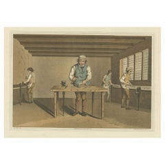 Antique Aquatint of a Cutler at Work Making a Knife in Sheffield, Yorkshire, UK, 1885