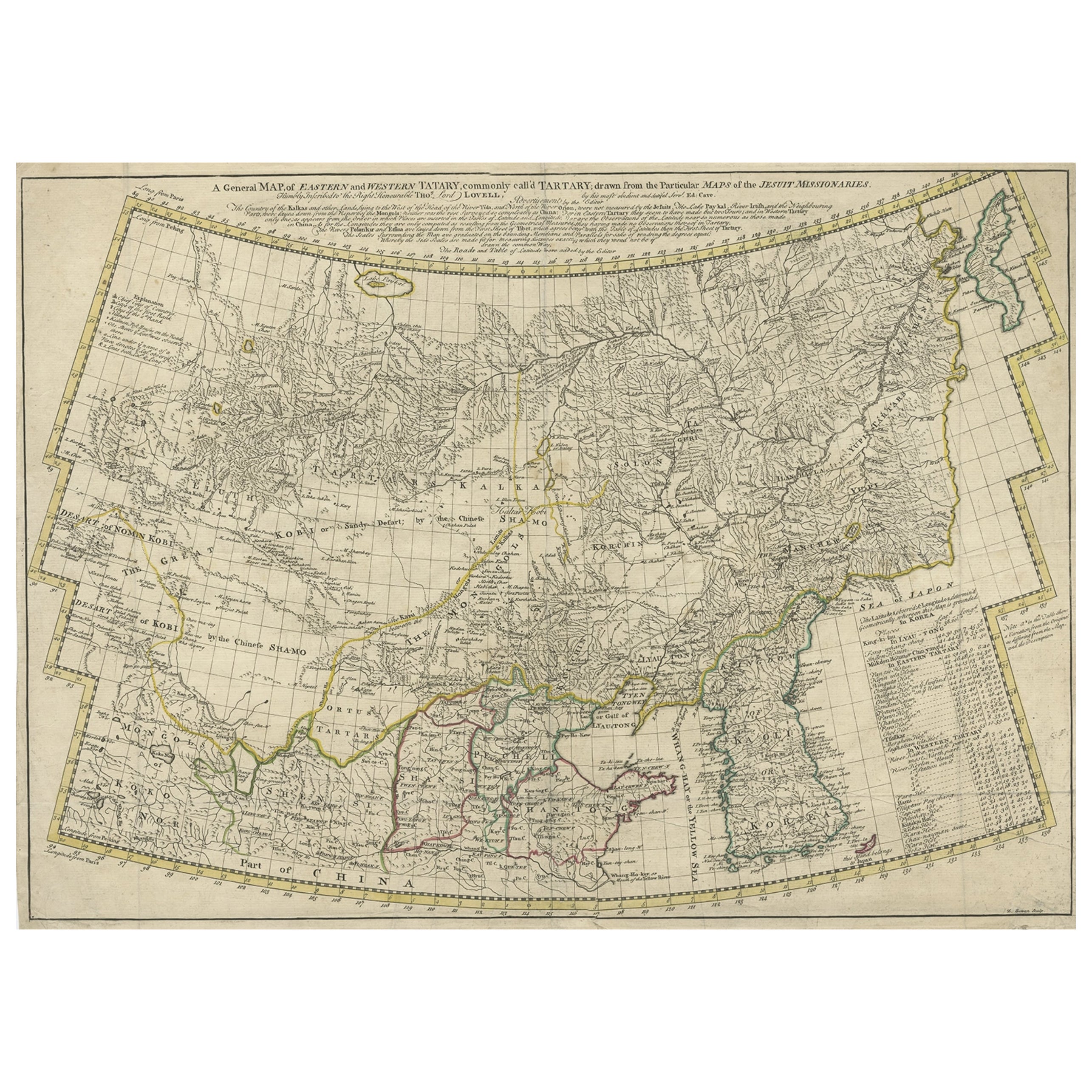 Rare Hand-Colored Antique Map of Tartary, China and Korea, ca.1741 For Sale