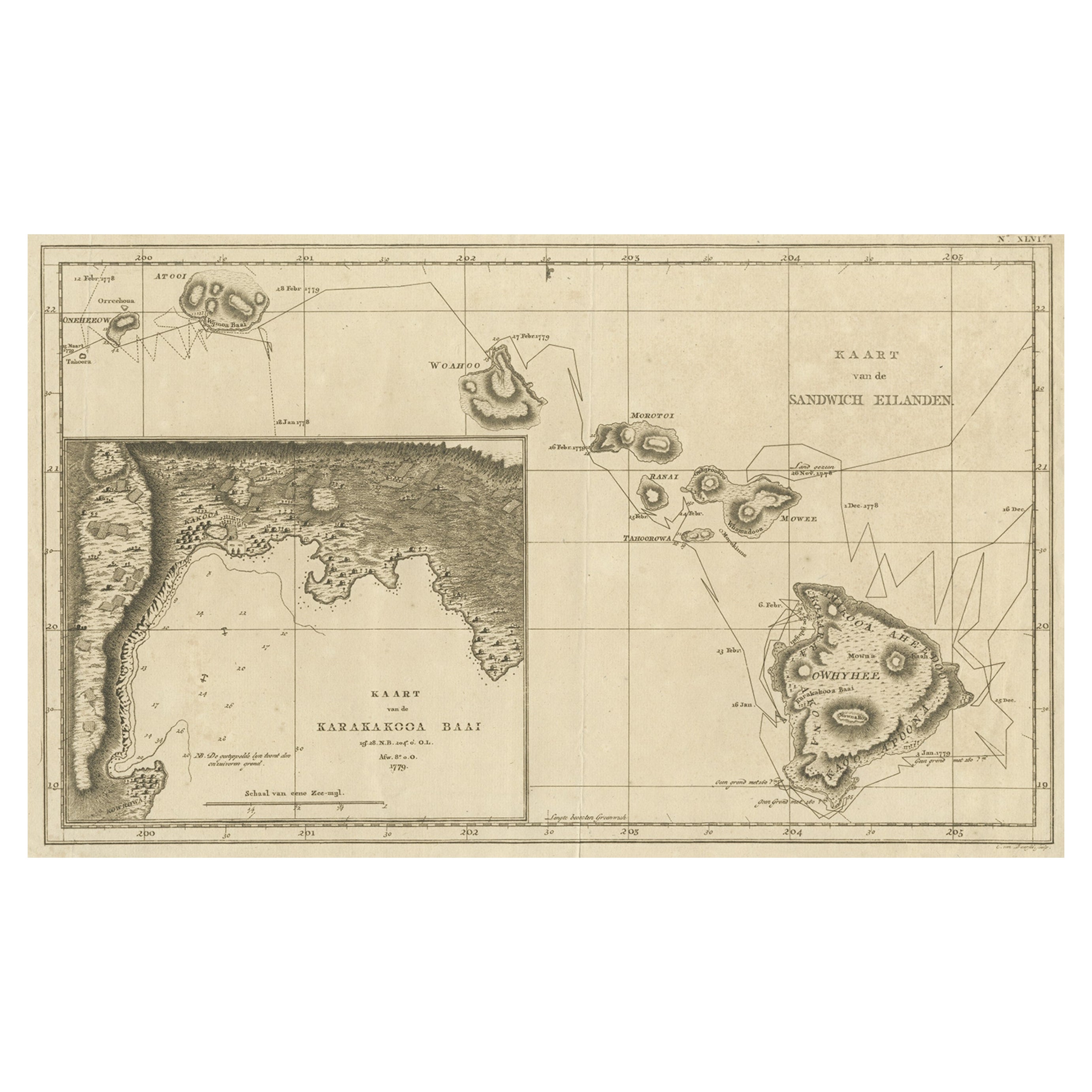 Carte des îles hawaïennes avec un grand encadrement de la baie de Karakakooa, 1803
