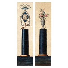 19th Century Pair of Panels with Columns and Vases Painting Oil on Canvas