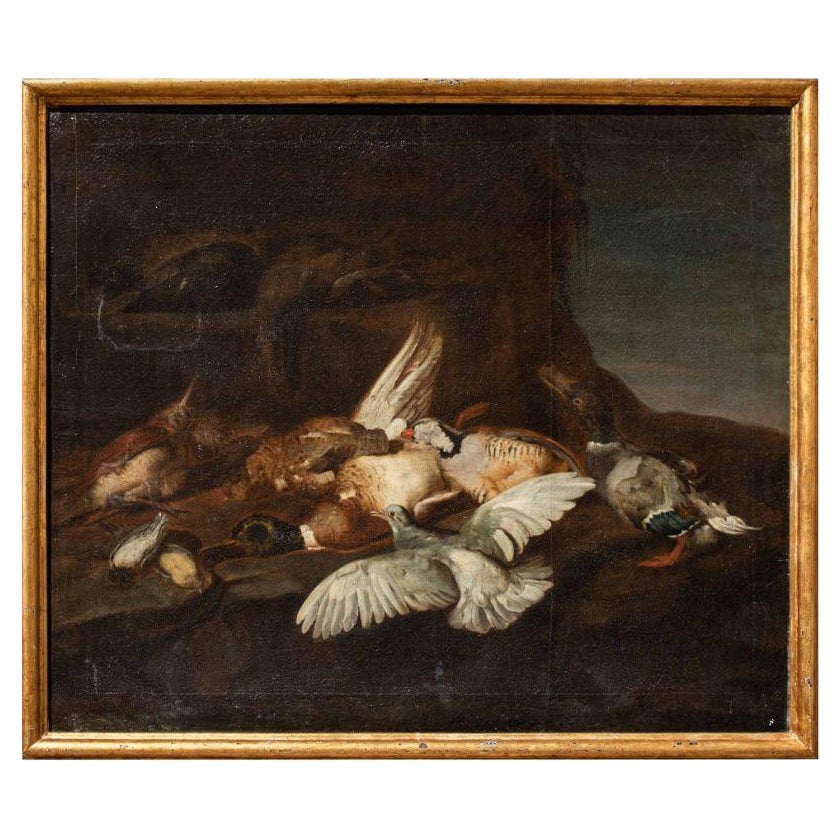 Nature morte du 17ème siècle avec oiseaux Peinture à l'huile sur toile de Victors en vente