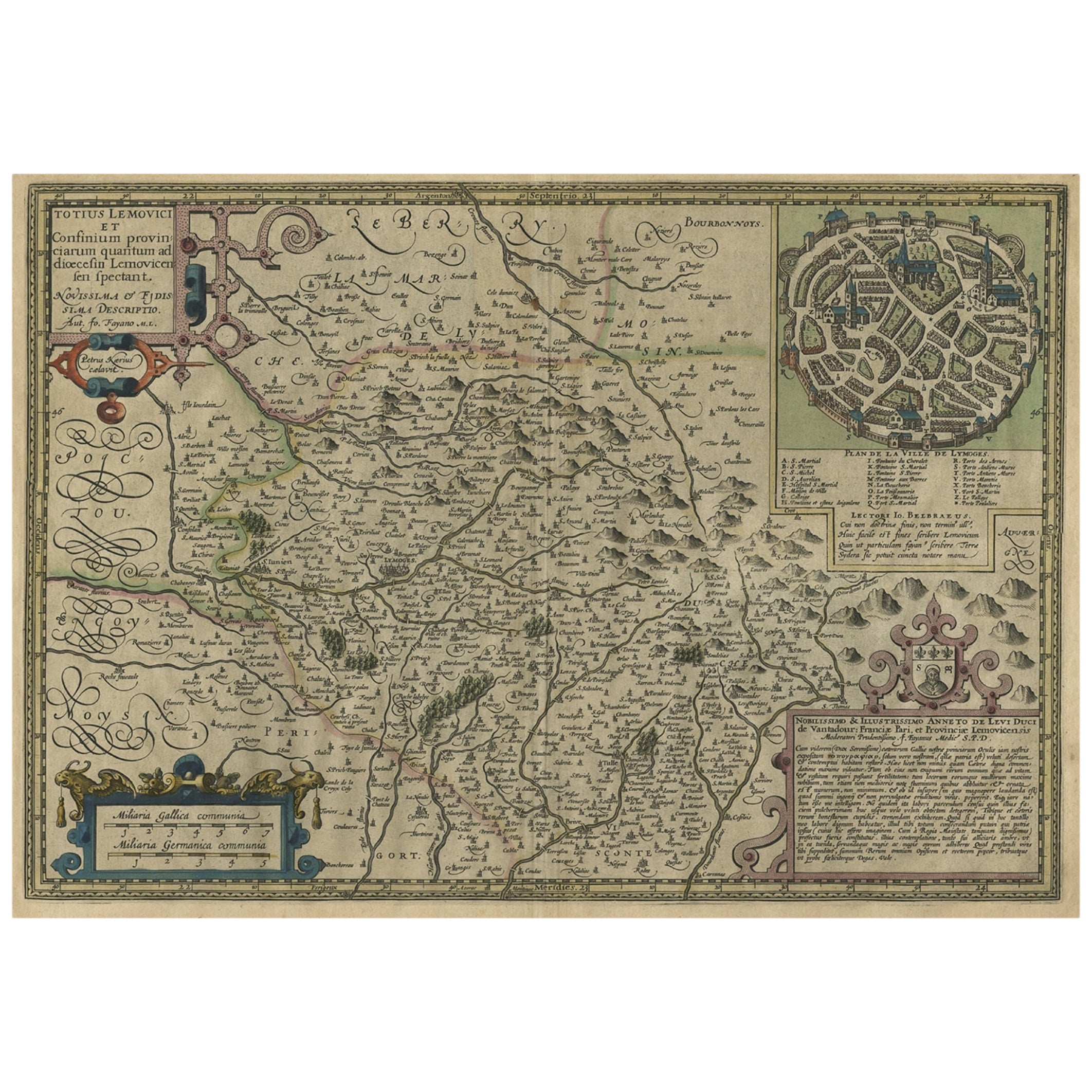 Très ancienne carte originale colorée à la main de Limousin ou de Limoges, France, vers 1600 en vente