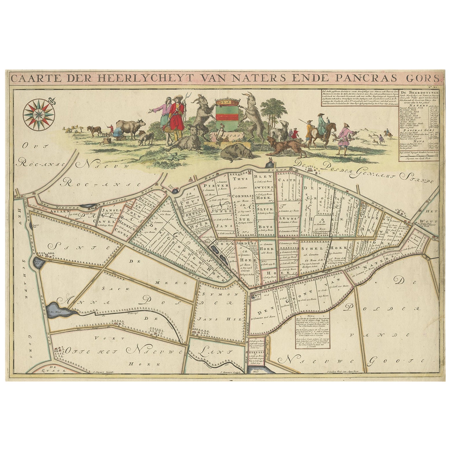 Magnifique carte de la région Naters and Pancrasgors, Pays-Bas, vers 1697