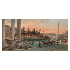 19th Century View of Piazza Del Popolo in Rome Painting Oil on Canvas