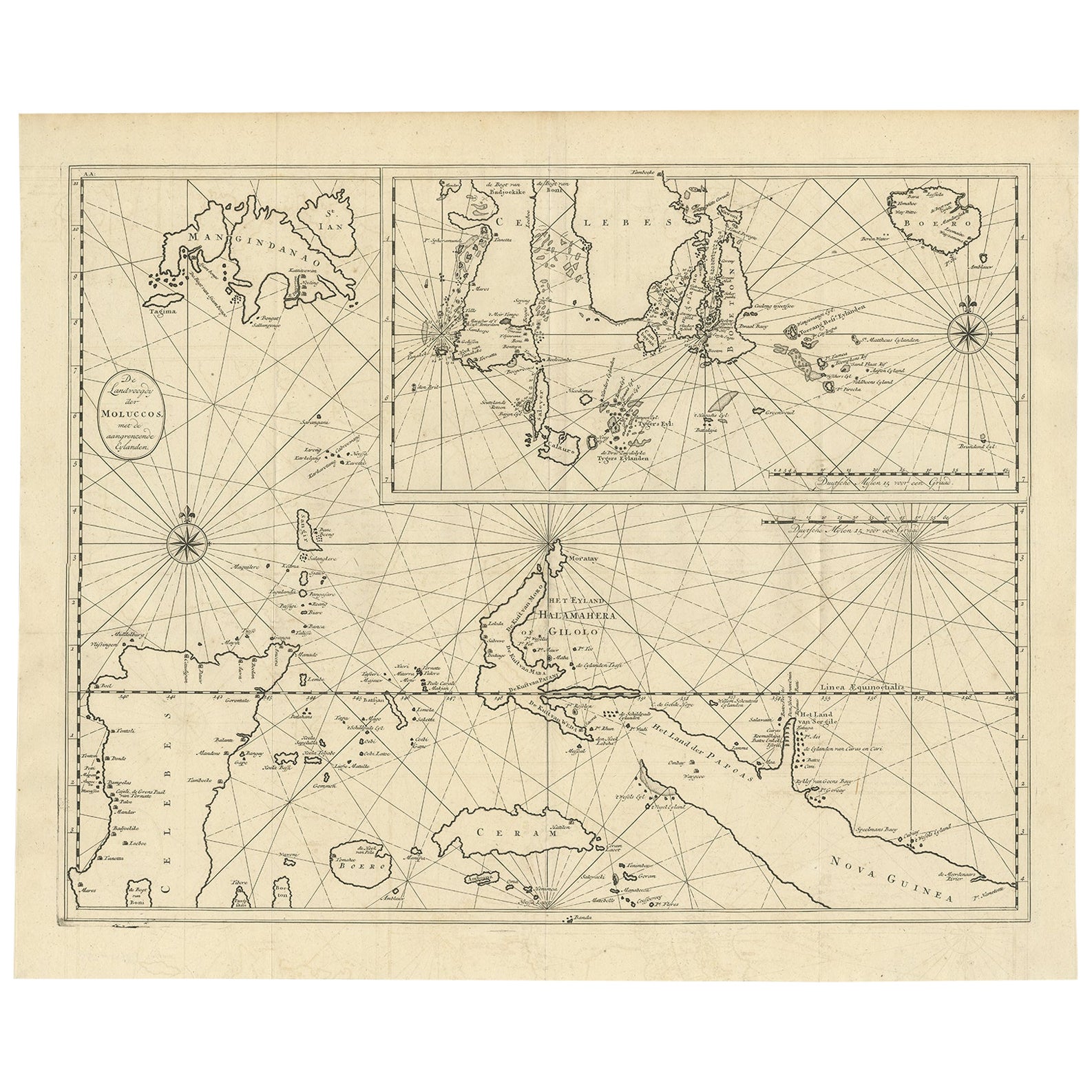 Grande carte ancienne détaillée d'une partie des îles Spice, Indonésie, 1726