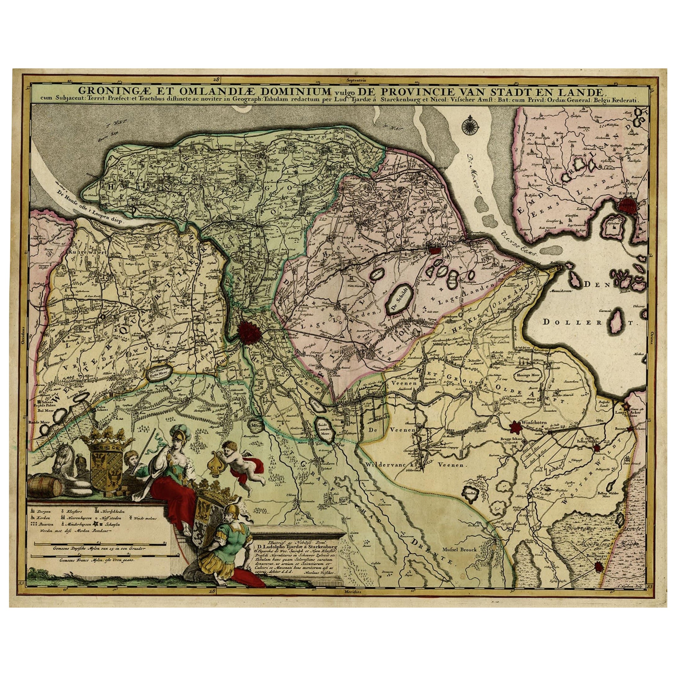 Mapa antiguo coloreado a mano de la provincia holandesa de Groninga, incluida Emden, ca.1680