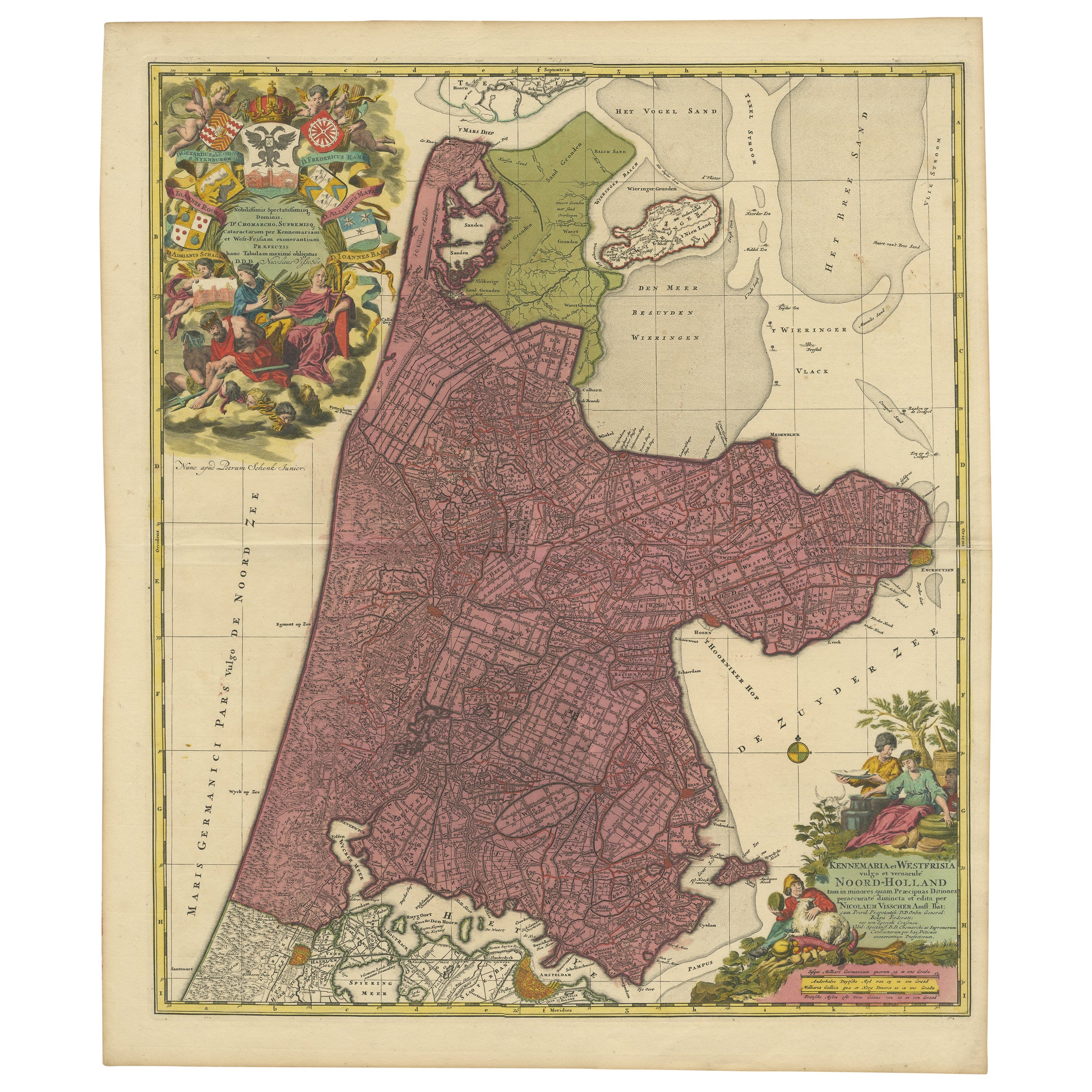 Schöne antike Karte der Provinz Noord-Holland, Niederlande, ca. 1730