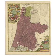 Beautiful Antique Map of the Province of Noord-Holland, the Netherlands, Ca.1730