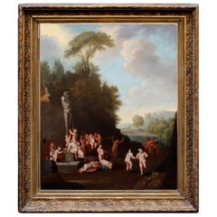 Antique 17th Century Bacchanal Roman School Painting Oil on Canvas