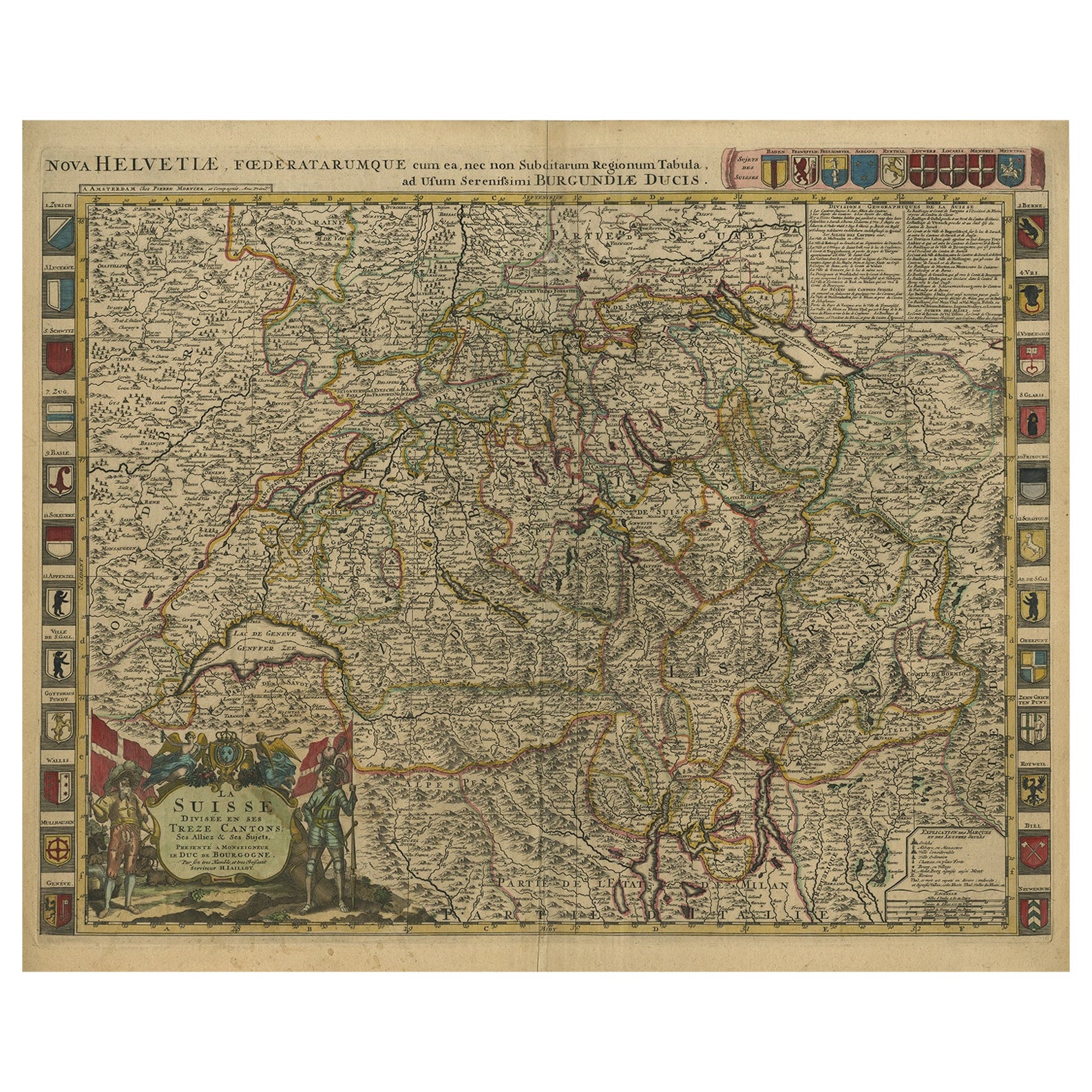 Beautiful Antique Handcolored Map of Switzerland with 33 Coats of Arms, ca.1705 For Sale