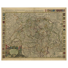 Magnifique carte ancienne colorée à la main de la Suisse avec 33 armoiries, vers1705