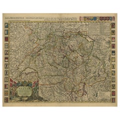 Schöne antike handkolorierte Karte der Schweiz mit 33 Wappen, ca.1705