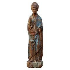 Sculpture du Saint Évêque du XVe Siècle en Bois Polychrome