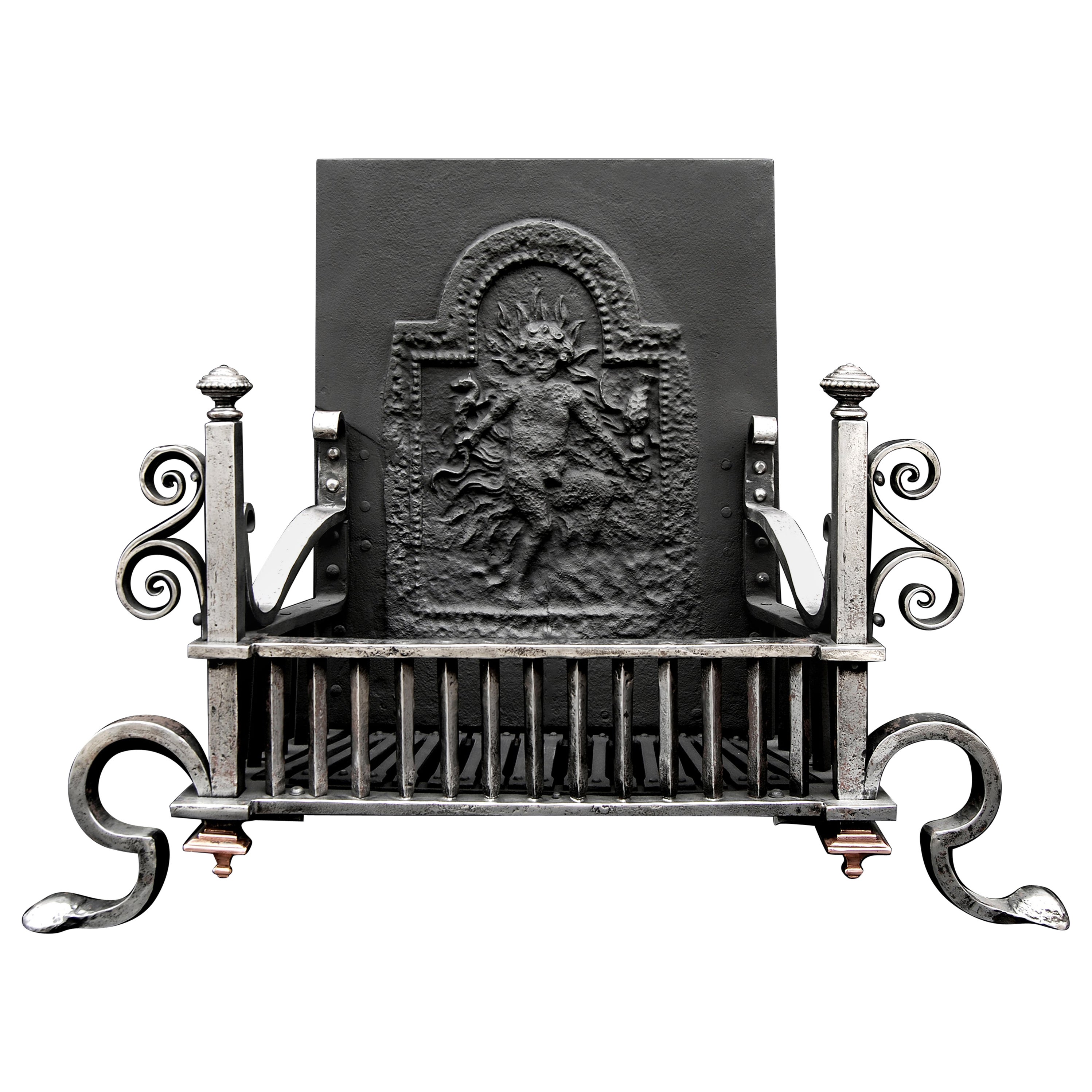 Mid 19th Century Polished Wrought Iron Firegrate with Scrolled Legs For Sale