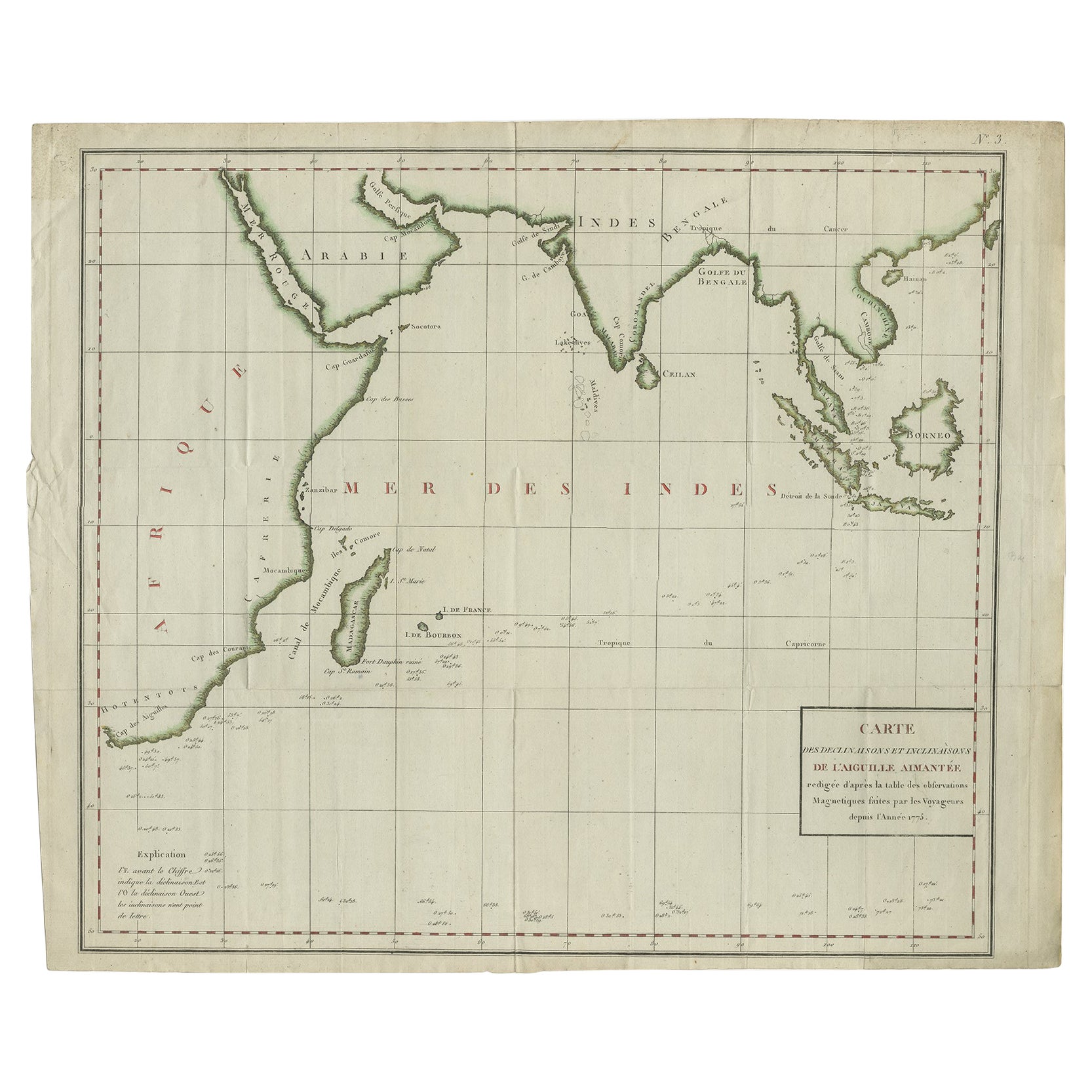 Carte ancienne de l'océan Indien et du Sumatra, Java, Borneo, Inde, Arabie, Afrique, vers 1783 en vente