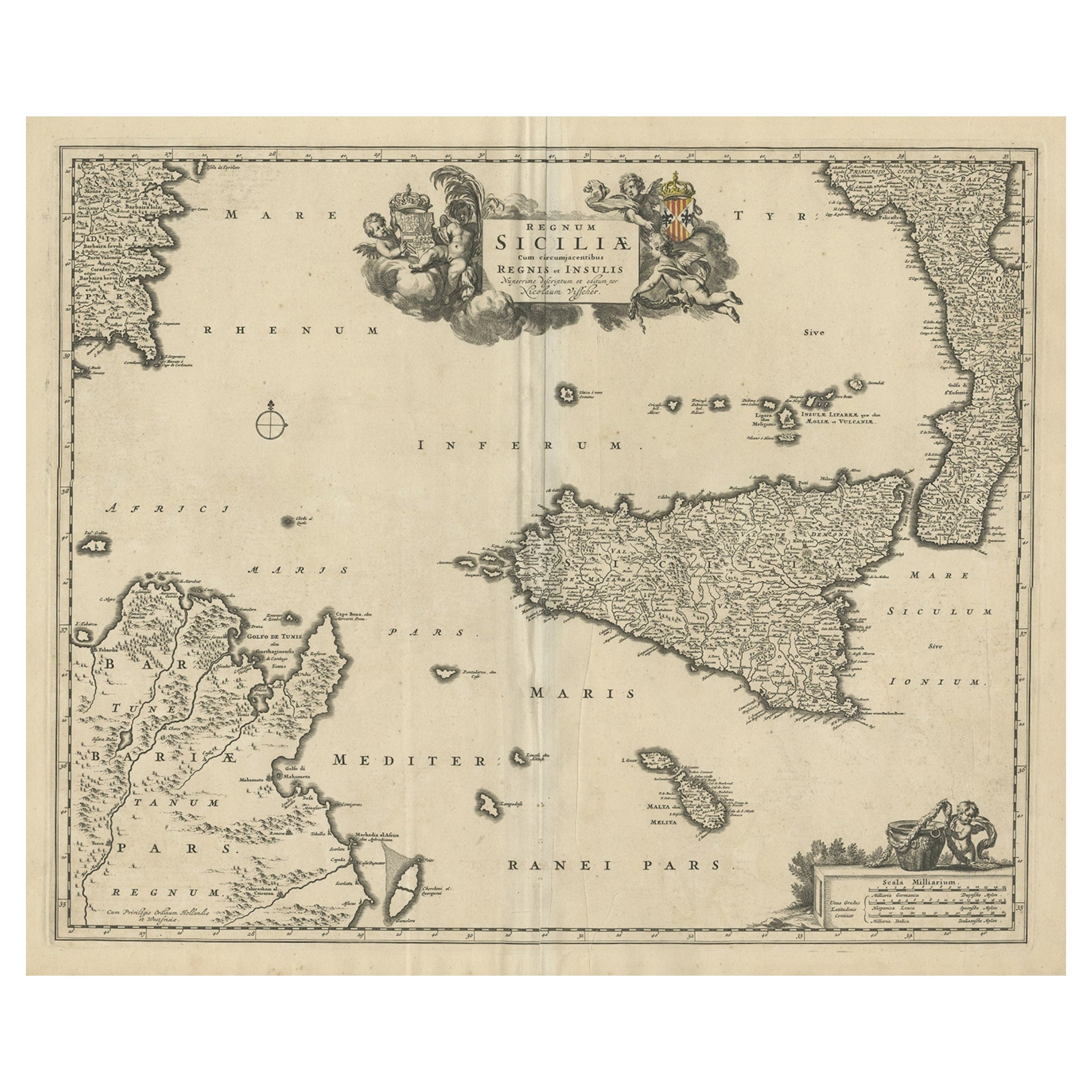 Decorative Map of Sicily, Malta and a Bit of Naples and Sardinia 'Italy', c.1680