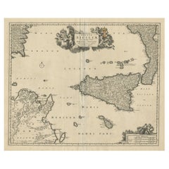 Antique Decorative Map of Sicily, Malta and a Bit of Naples and Sardinia 'Italy', c.1680